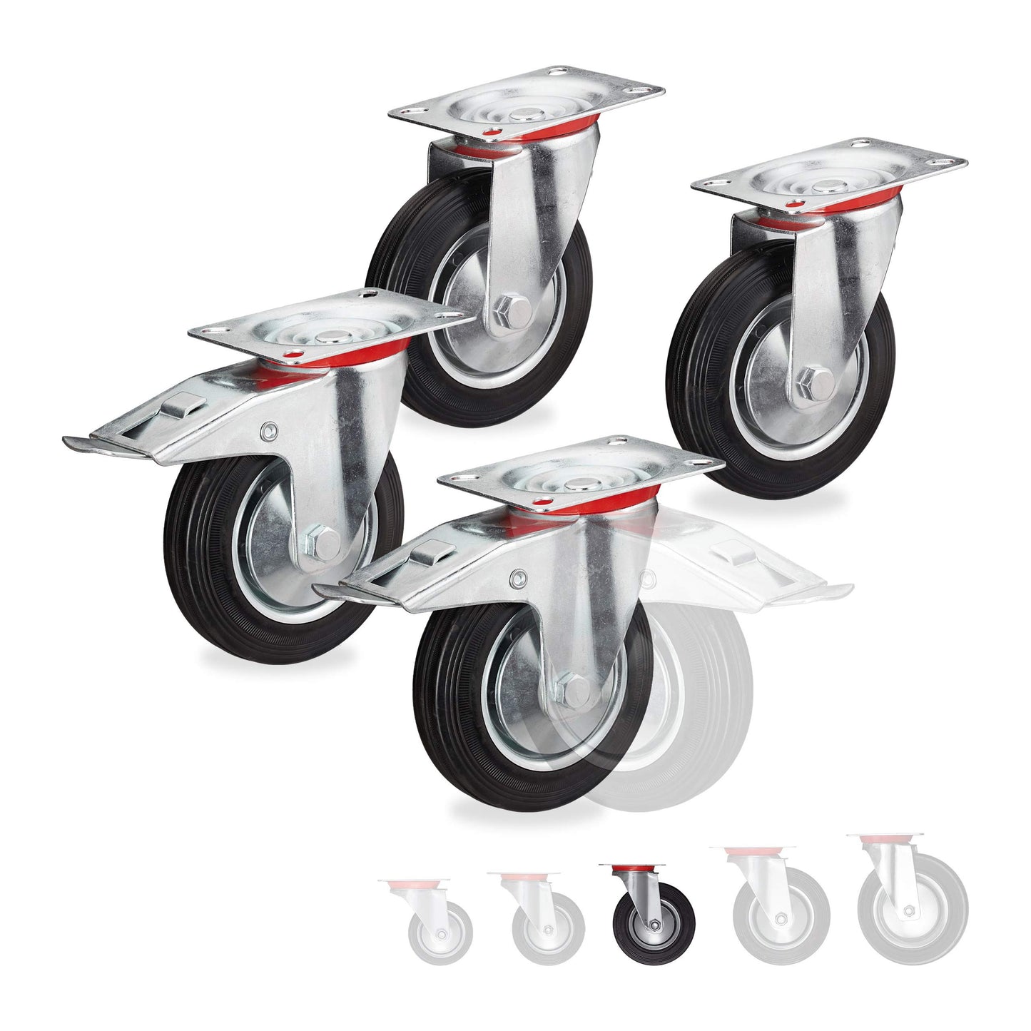 Relaxdays Heavy Duty Casters, Set of 4, swivel, ball bearing, 2 with brakes, load capacity up to 320kg, wheel diameter: 125mm, black