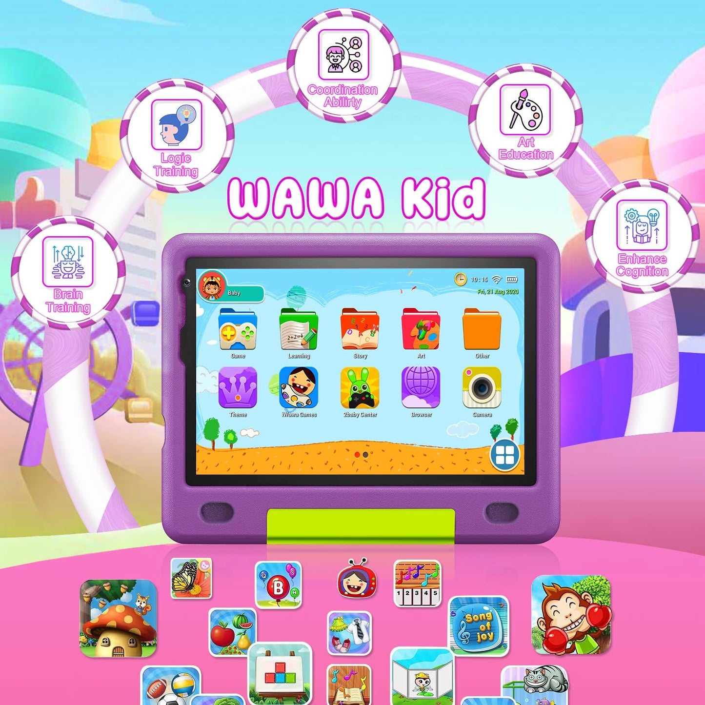 DUODUOGO Kids Tablet 9 Inch Android 12, 8GB RAM + 128GB ROM/TF 1TB, WiFi, 5000mAh, Kids Tablet with Parental Control, Kid Learning Games, Tablet for Kids 6+, with Cases, Computer Bag, Purple