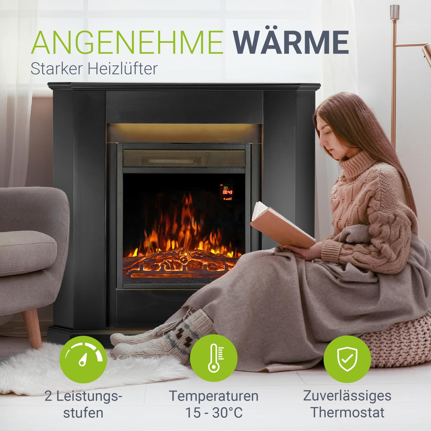 Juskys Electric Fireplace 1000/2000 W with heating, fireplace, flame effect, remote control, LED lighting & timer - Electric Corner Fireplace in black.
