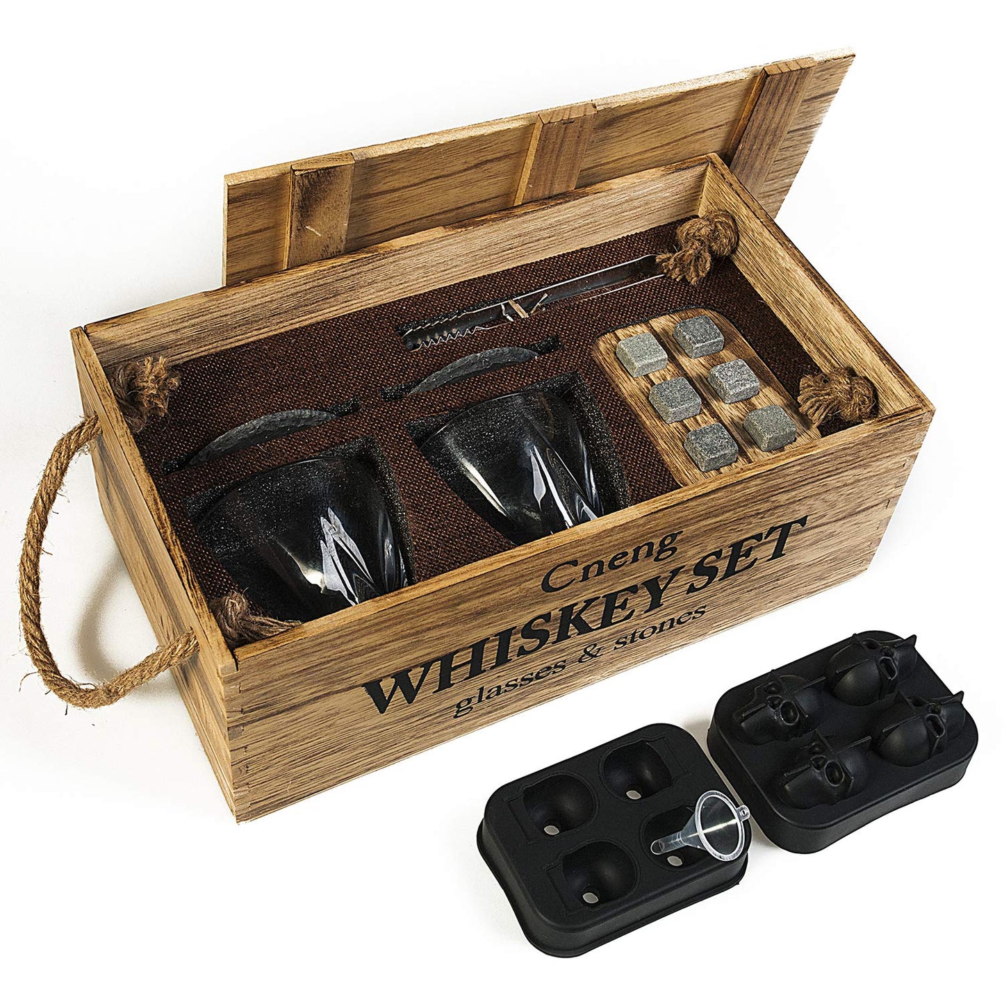 Cneng Whiskey Stones Gift Set with Glass, Whiskey Glasses Set, Personalized Whiskey Gift for Men, 2x 300ml Glasses, 6 Whiskey Stones, Whiskey Accessories with Wood Gift Box.