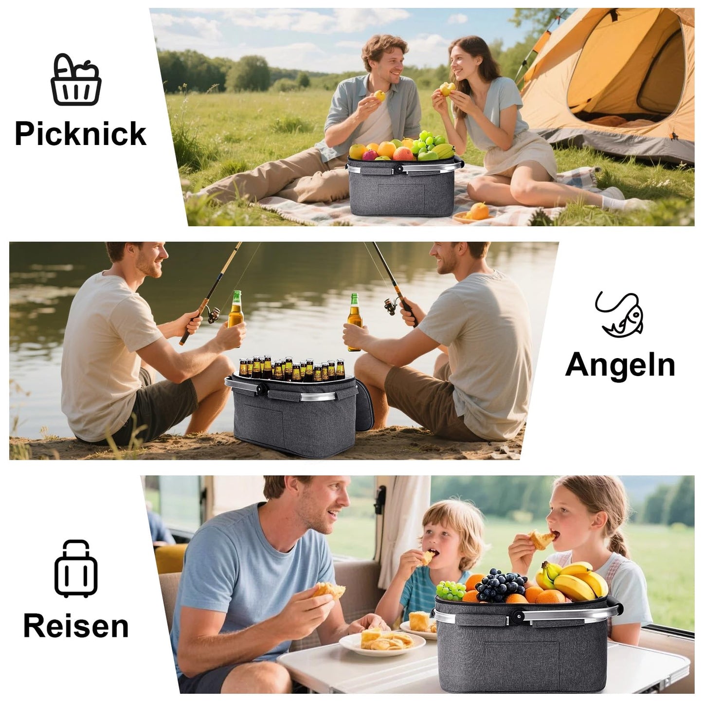 ALLCAMP Large Foldable Insulated Cooler Bag - Shopping Basket With Lid, Detachable Picnic Basket for 2, Aluminum Frame Cool Basket, Thickened Thermal Basket - With 2 Ice Packs