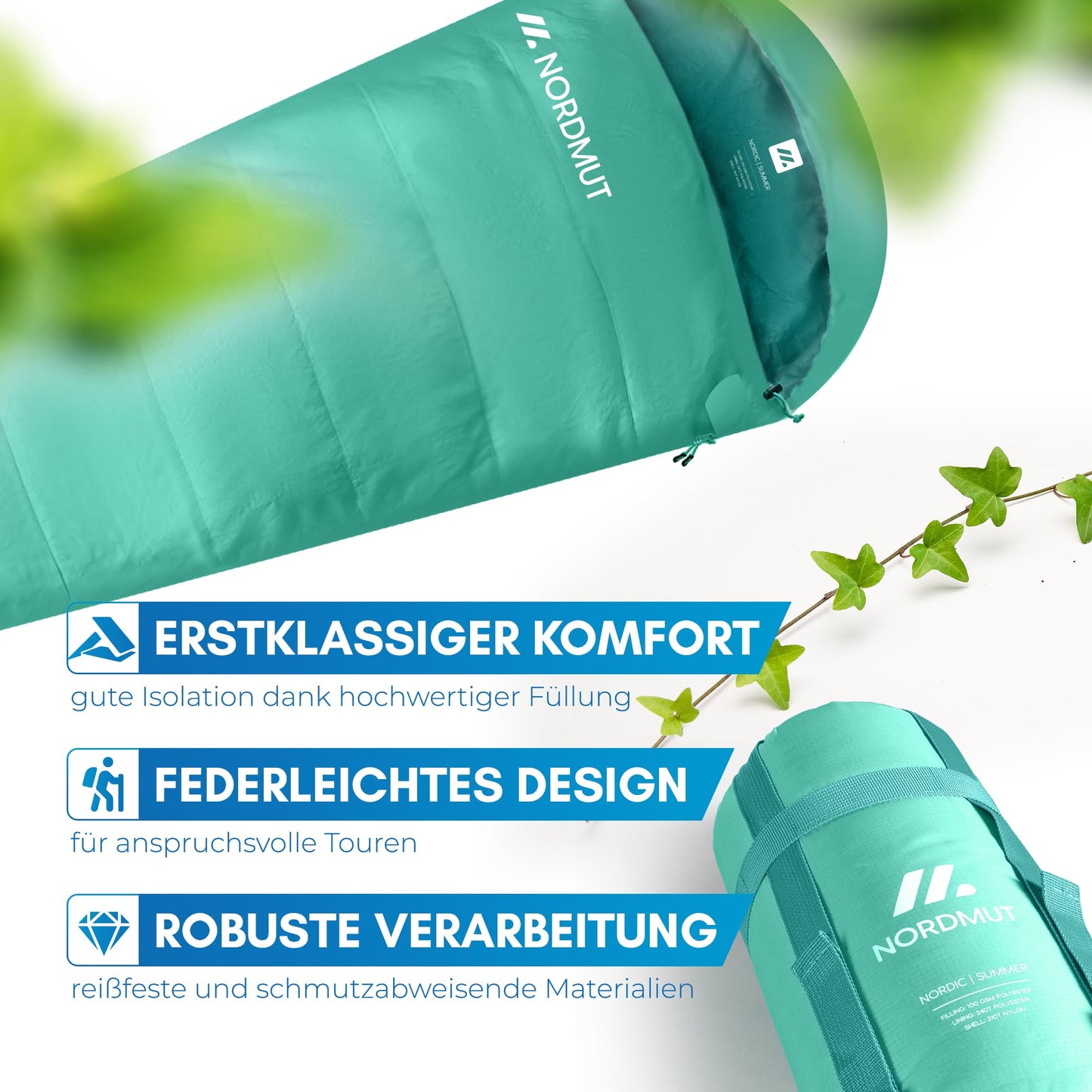 NORDMUT® Adult Sleeping Bag - compact & ultralight (900/1500g) - 3-season (250 GSM) & summer (100 GSM) - mummy sleeping bag for camping, outdoor & festivals.