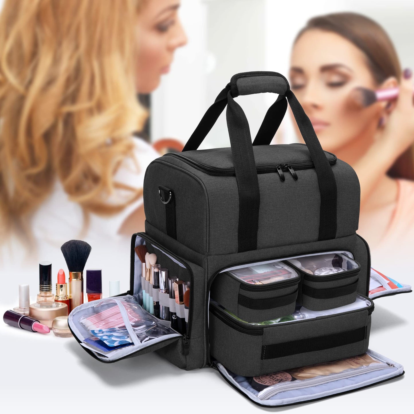 BAFASO Cosmetic Organizer Bag, Makeup Bag for Women, Toiletry Bag with Large Capacity, Travel Cosmetic Bag, Black.