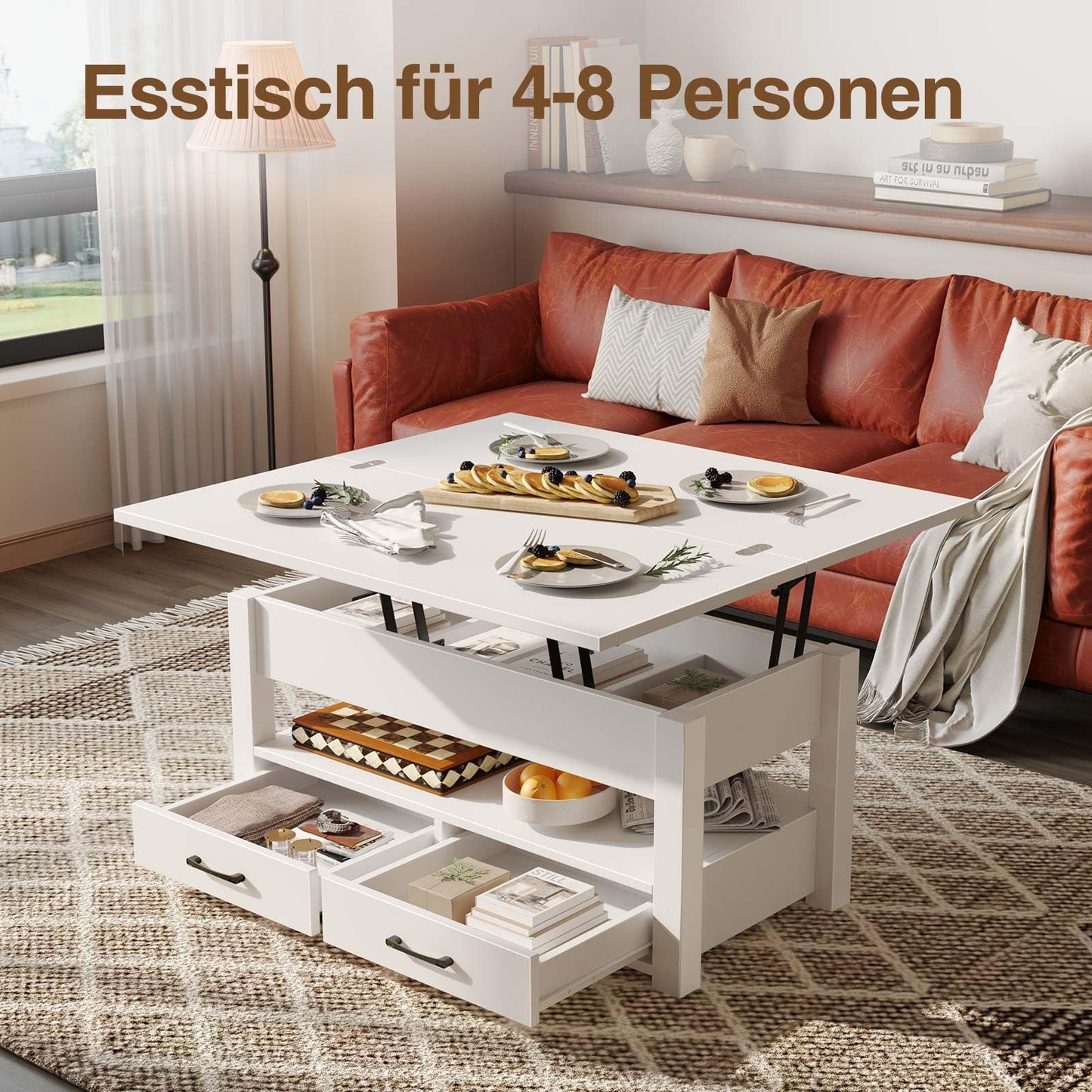 Rolanstar Adjustable Height Coffee Table, Living Room Table with Drawer & Hidden Compartment, Convertible Coffee to Dining Table, 100 x 50 cm Wooden Sofa Table, White