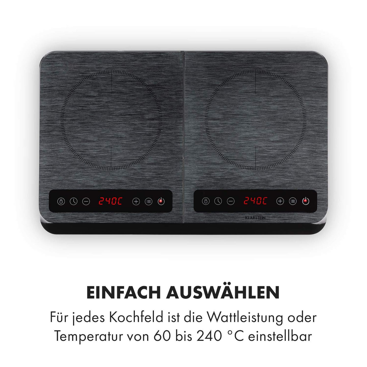Klarstein InnoChef - Double induction hob, portable hob, 3400 W, touch control, pot sensor, shutdown timer, 10 levels, overheating protection, child lock, ceramic glass, black/grey mottled