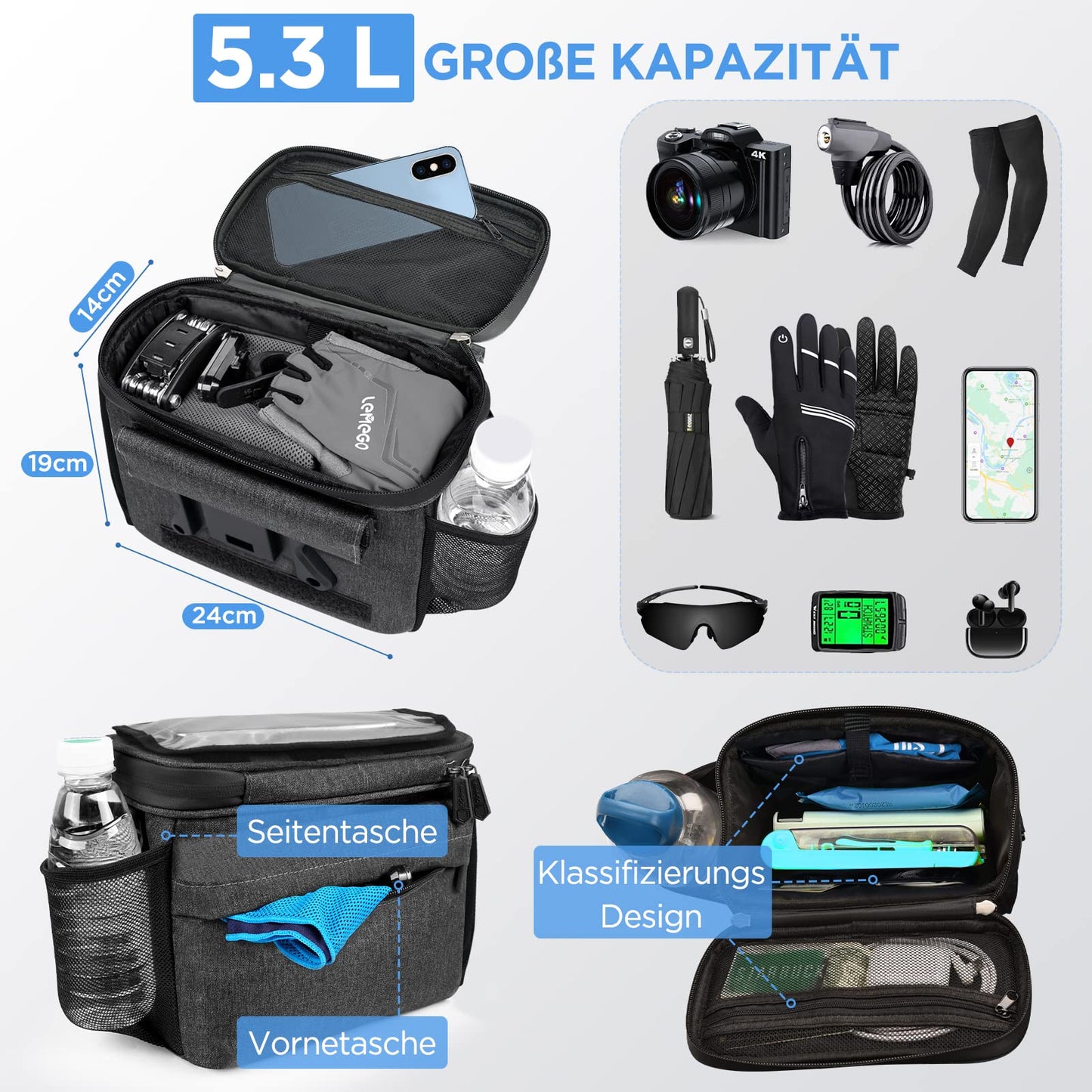 LEMEGO bike bag designed for e-bikes and bicycles, 5.3L capacity, waterproof handlebar basket with adapter. Features adjustable touchscreen phone holder and detachable shoulder strap.