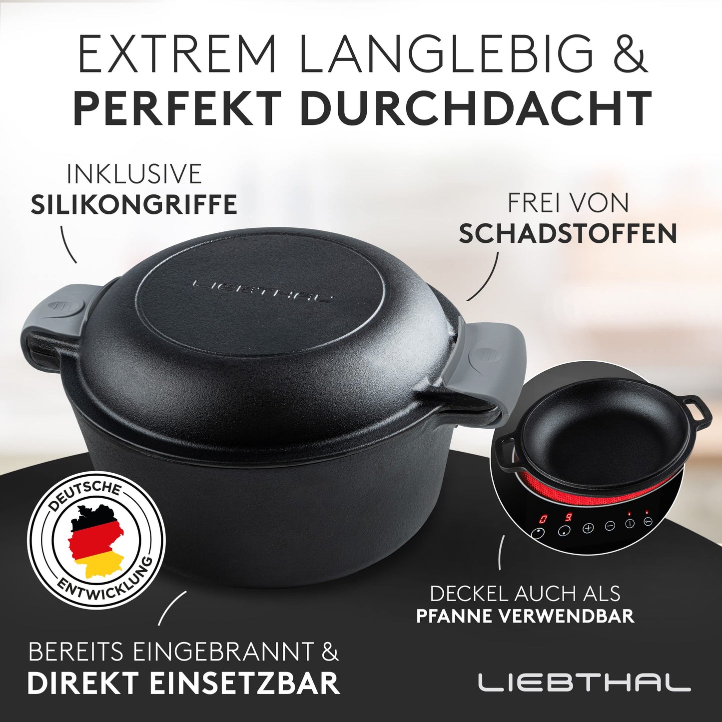 LIEBTHAL Cast Iron Pot Bread Baking - Durable bread pot with precise non-stick silicone insert - Pre-seasoned bread loaf pan with lid 4.6 L - Bread baking pot, roasting & stewing.