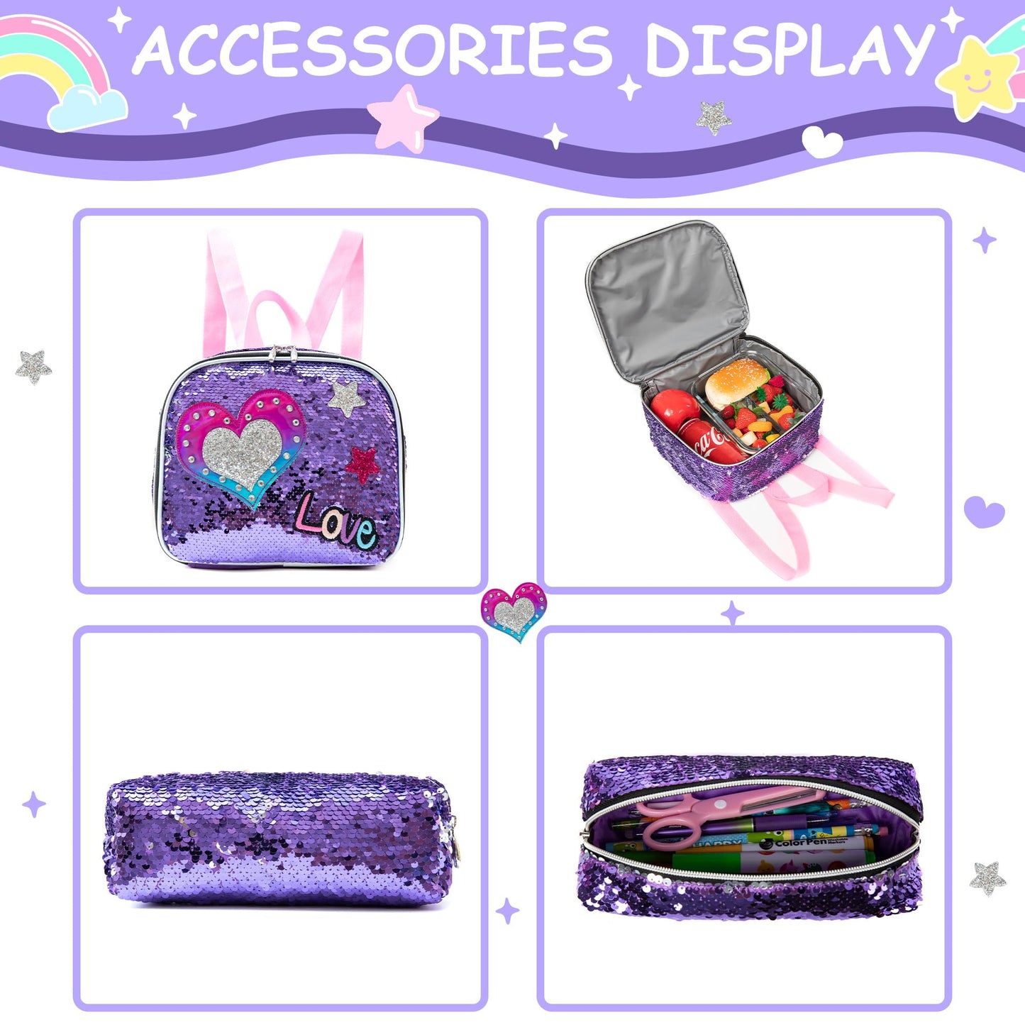 HTgroce Purple Love Trolley Backpack with Wheels, Pencil Case, Lunch Bag 3 in 1 Sequin Rolling School Bag for Girls, School Bag Sets Perfect for Children Students in Grades 2-6