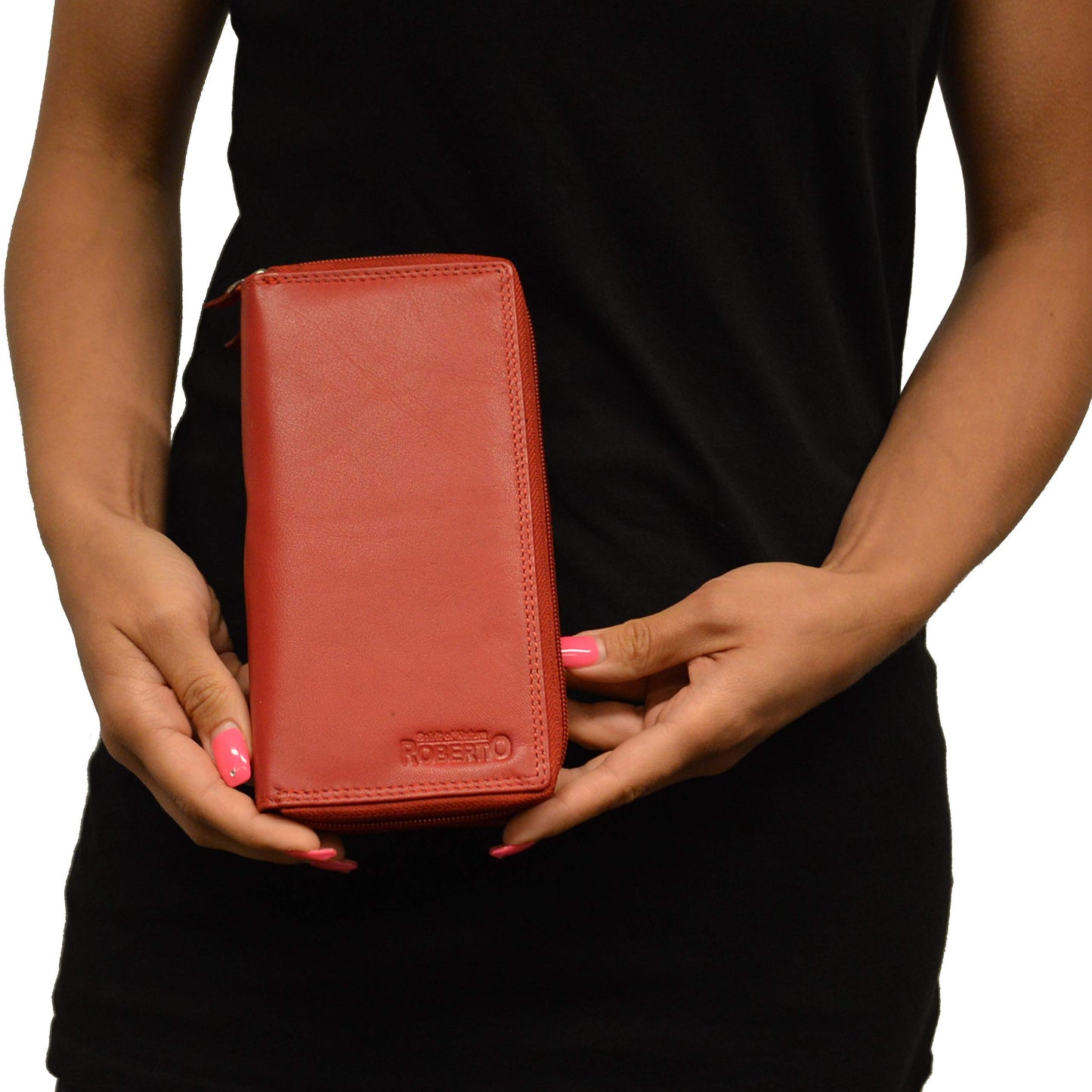 flevado XL wallet Large women's genuine leather wallet with plenty of storage space and room for 29 cards (light red)