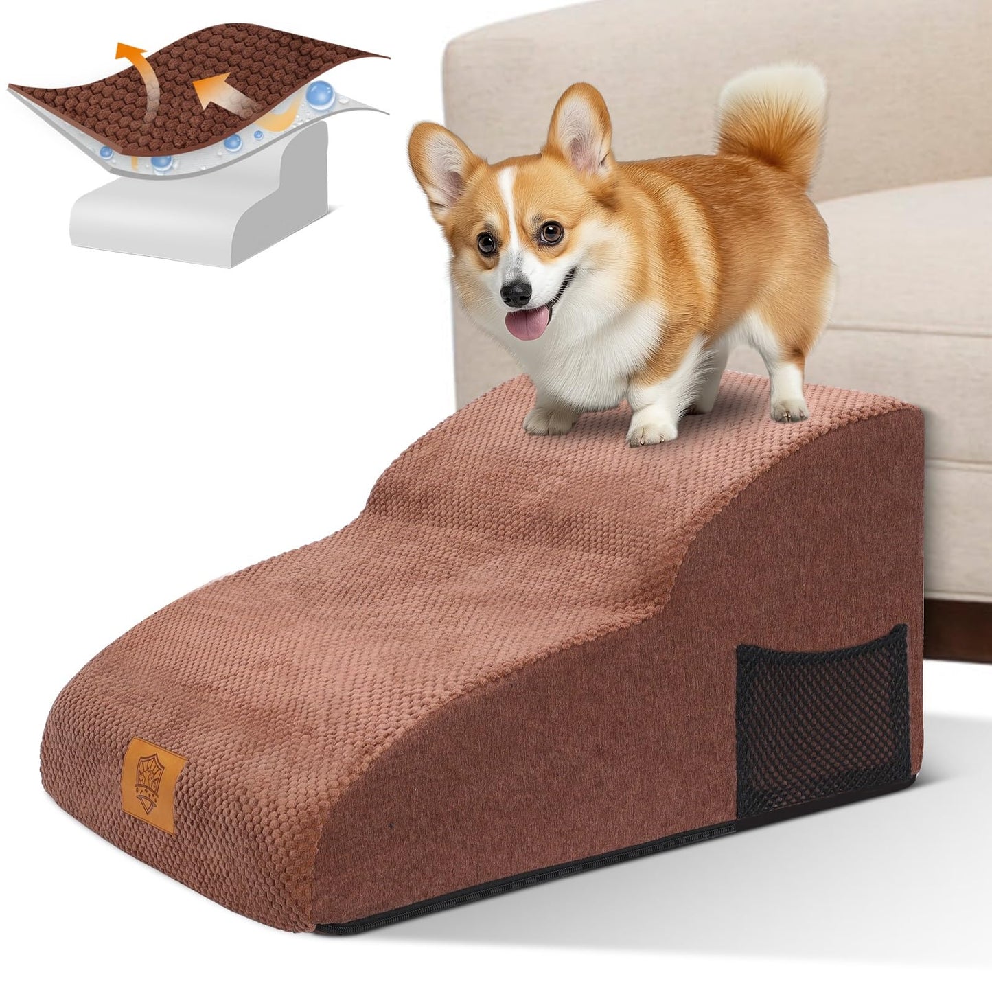 MASTERTOP Dog Stairs 2 Steps - Wide Dog Ramp Cat Stairs, High Density Foam Pet Stairs for Small Dog Teddy-Brown
