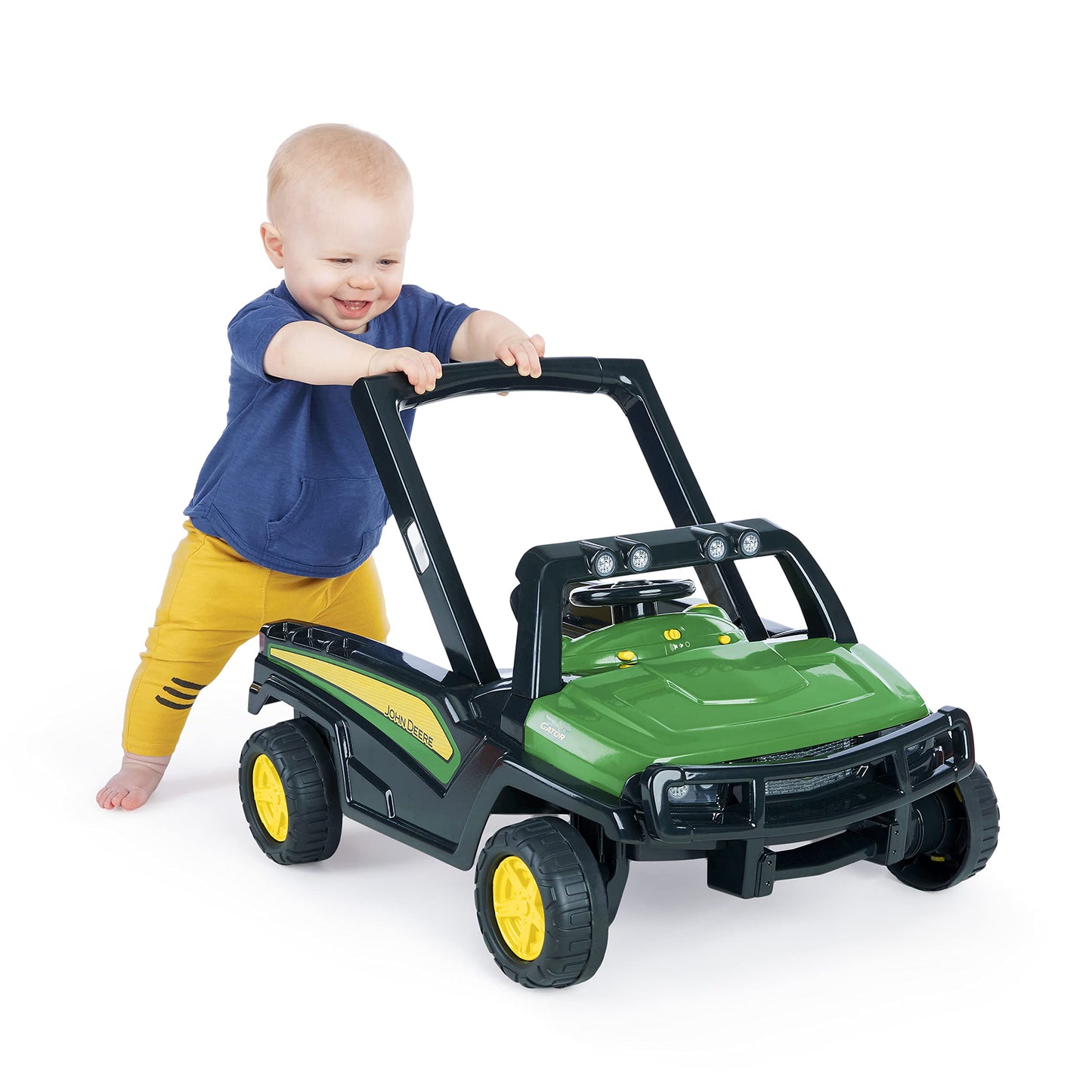 Bright Starts, John Deere Gator 4-in-1 Walk Behind Activity Toy features height-adjustable, foldable design for two kids, with sounds and lights.