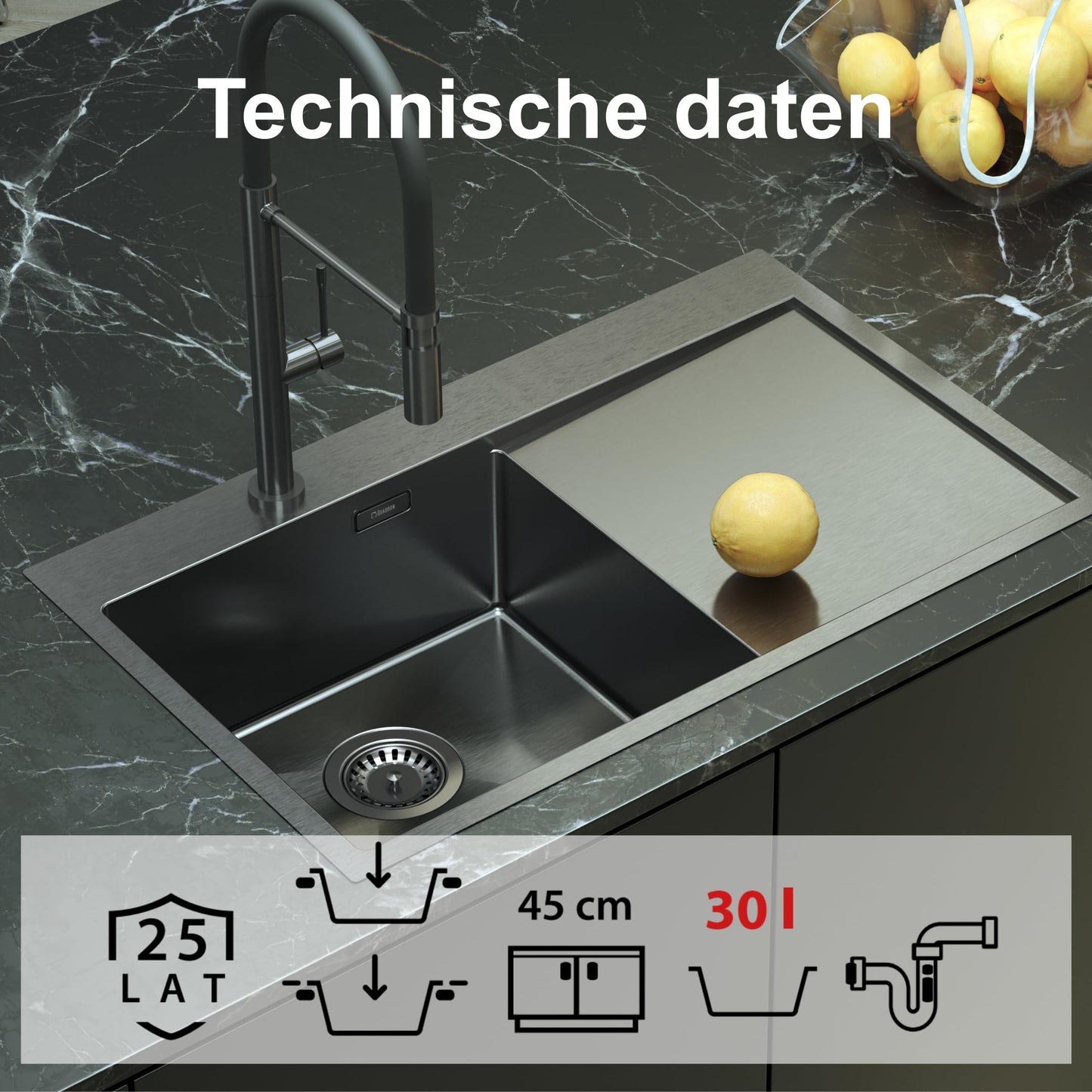 QUADRON sink single Stainless steel sink | Size 78 x 48 x 20 cm Color: Pvd-Golden | RUSSEL 111 Drop-in sink with faucet hole | Single-bowl kitchen sink with steel basin Stainless steel sink