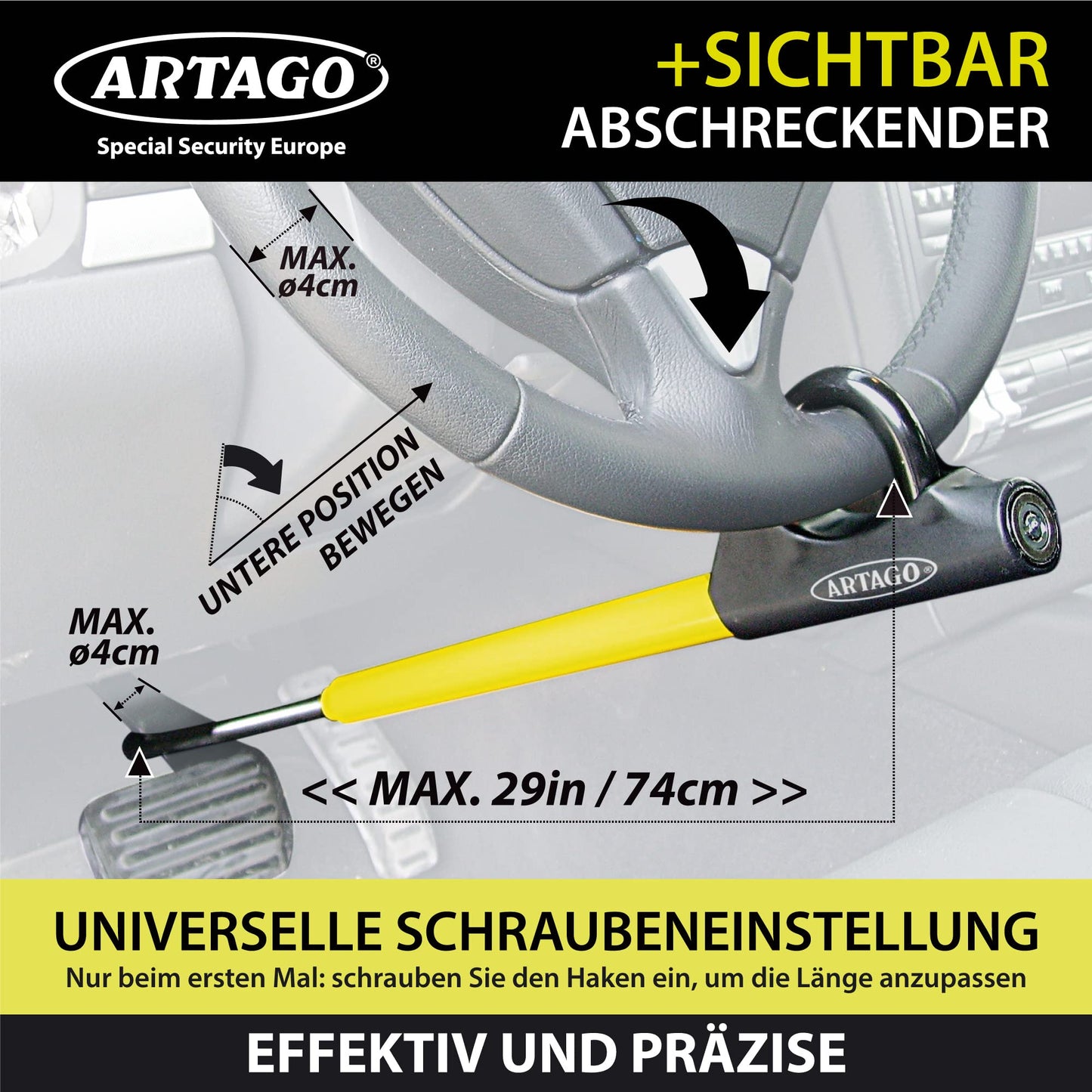 ARTAGO 871A/B steering wheel lock EASY HOOK adjustable, steering wheel claw, anti-theft steering wheel pedal car, Black/Yellow