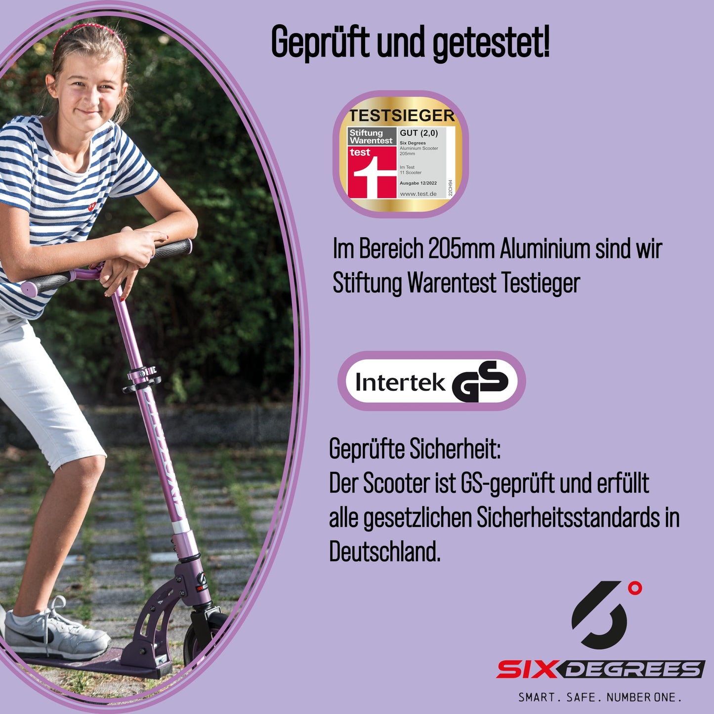 Six Degrees aluminum scooter with folding mechanism and stand, 205mm, adjustable height, GS approved, purple, TEST WINNER