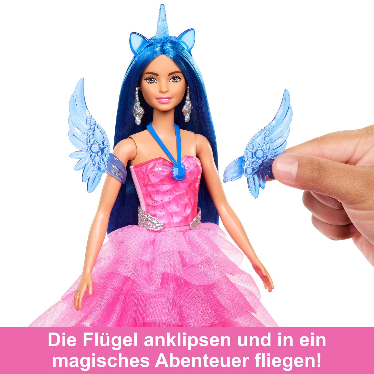 Barbie A hidden magic doll with unicorn, pink dress with sapphire blue details, unicorn headband, detachable sapphire wings, and unicorn tail, for children aged 3 and up, HRR16