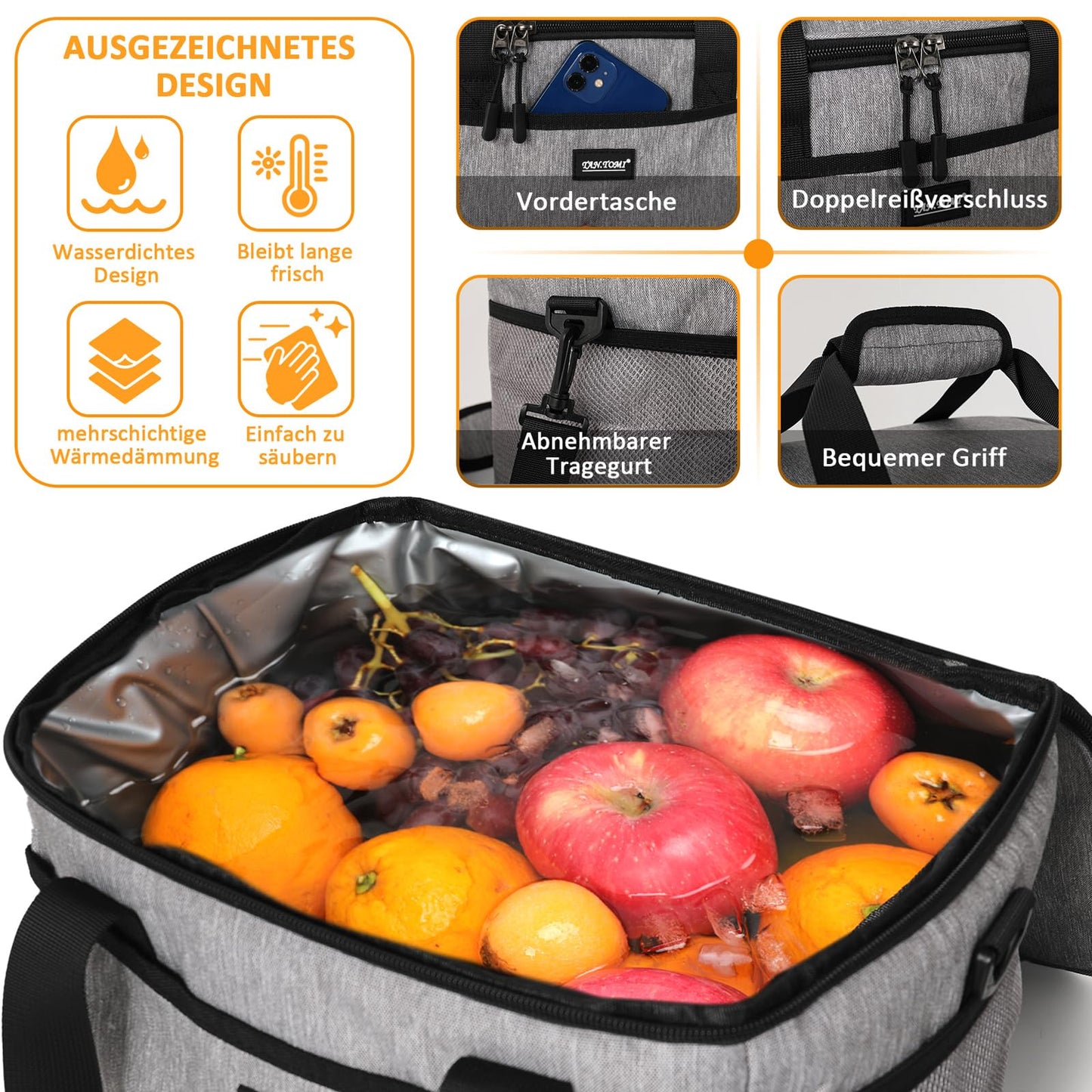 CALIYO Cooler Bag 15L Foldable & Portable with Zipper - Lunch Bag for Men and Women, Insulated Lunch Tote for Work, School, Picnic, Travel - 3 Sizes: 8.5 L / 15 L / 24 L (Grey)