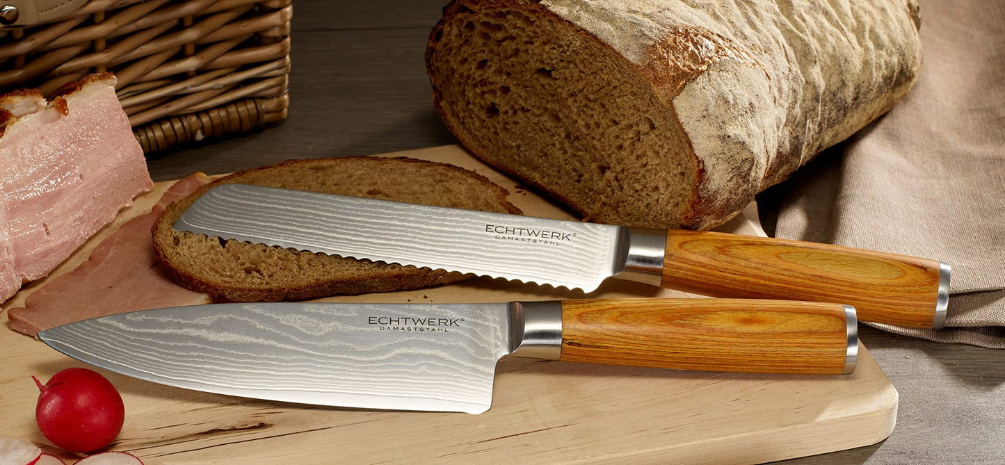 3-piece Genuine Damascus Knife Set, Kitchen/Chef's Knife, Serrated Bread Knife, Paring/Vegetable Knife, Damascus Steel, ergonomic Pakka Wood handles, Brown/Silver, Storage Box included.