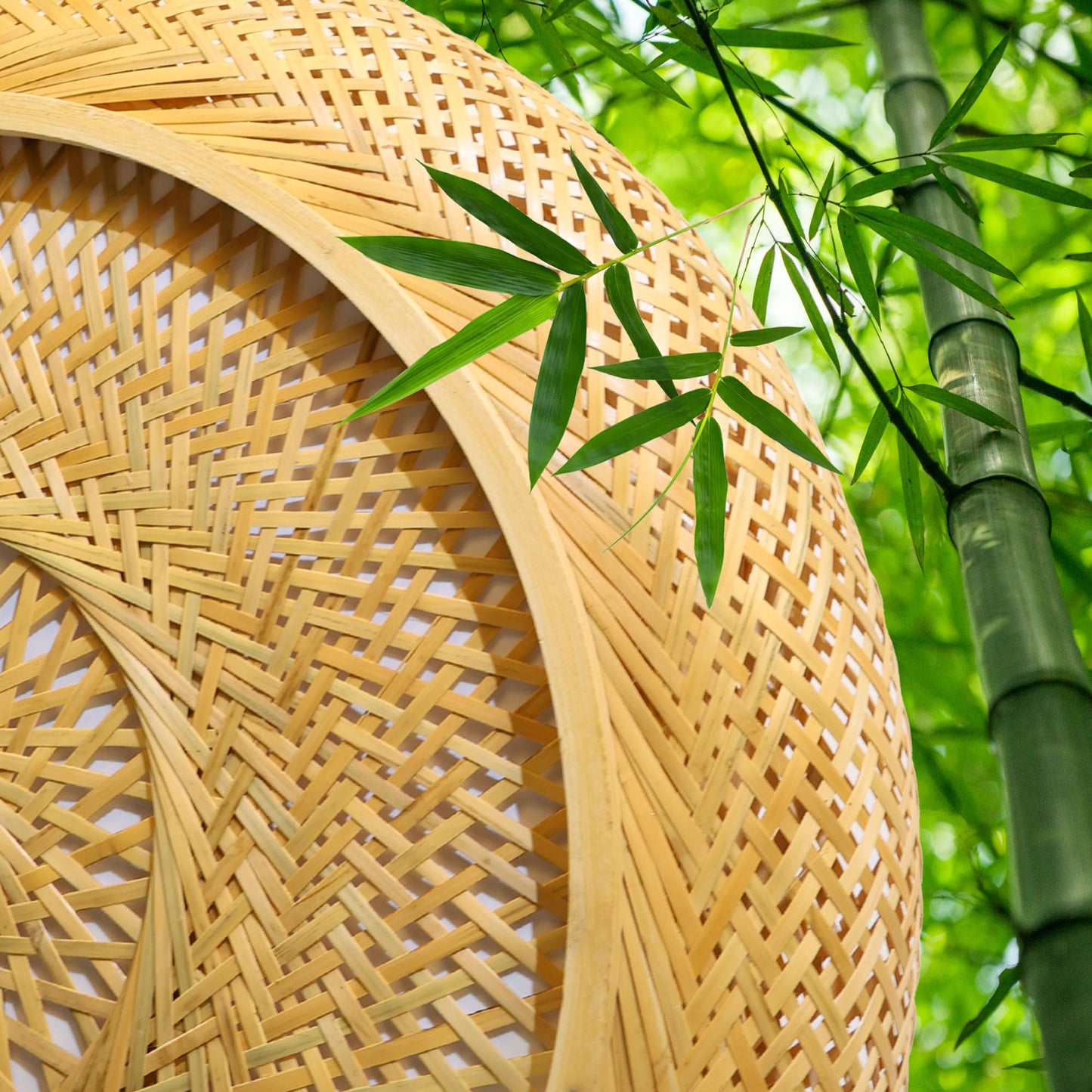 Bamboo LED ceiling light with remote control, dimmable handwoven natural wood lamp. Retro rattan design, 50W, round shape for bedroom, living room, hallway, 50cm.