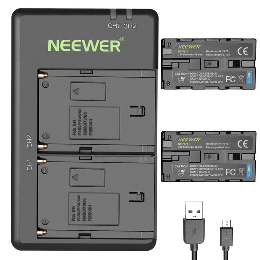 NEEWER 2-pack 6600mAh Li-ion replacement battery with USB charger, compatible with Sony NP-F970 F960 F950 F770 F750 F570 F550, Handycams and NEEWER LED light, monitor, motorized slider.
