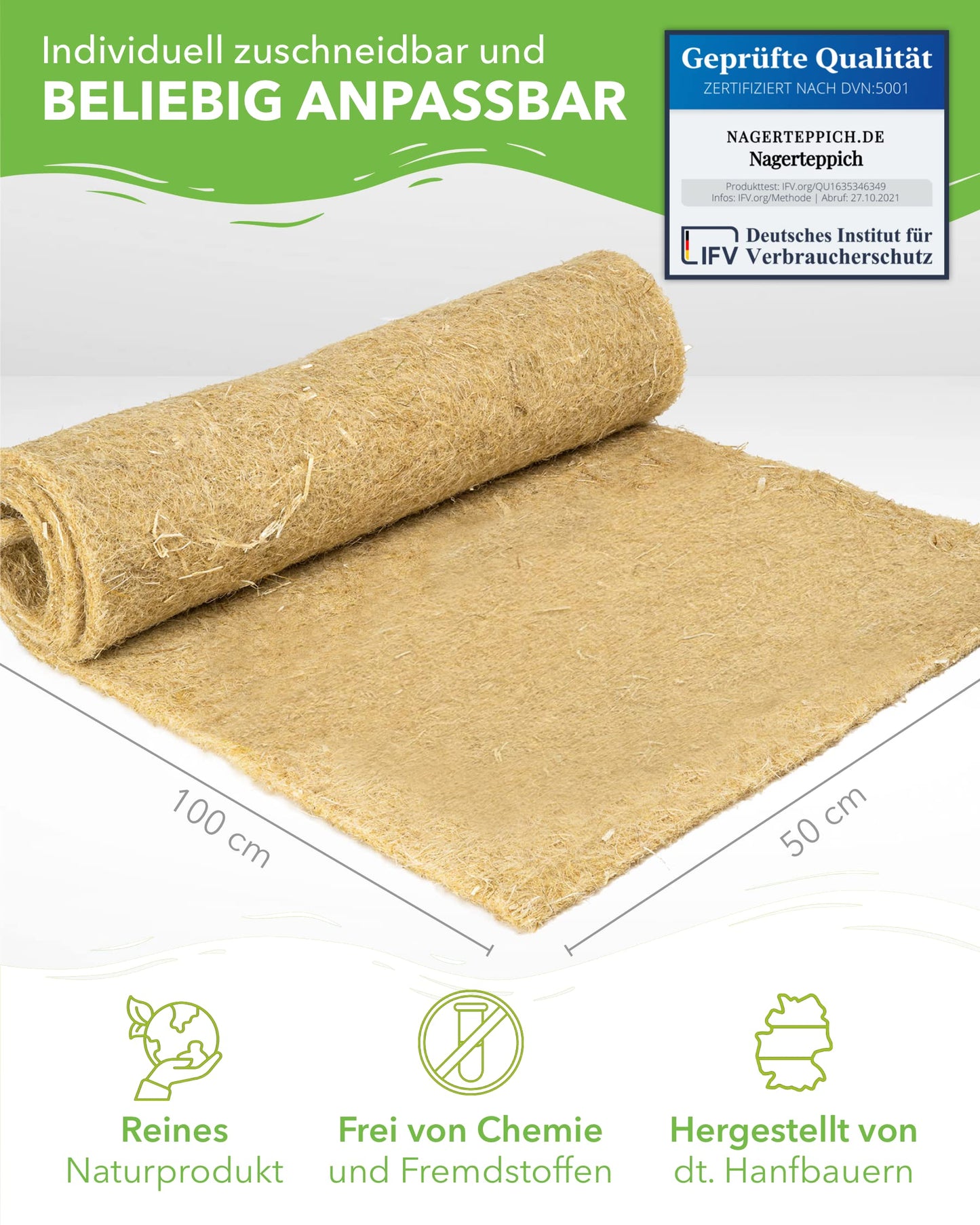 100% hemp rug, 100 x 50cm, 5mm thick, suitable for all small pets, hemp mat for rodents, floor covering (3 pieces)