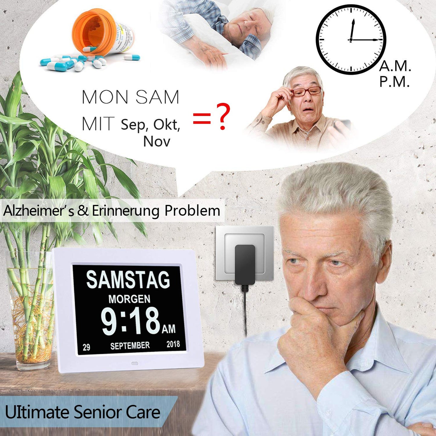 8-inch Digital Alarm Clock, Digital Calendar Day Clock, Alarm Clock Multiple Modes with Reminder Function for Seniors, Dementia such as Alzheimer's Patients, Large Font Electronic Calendar Day Clock - White