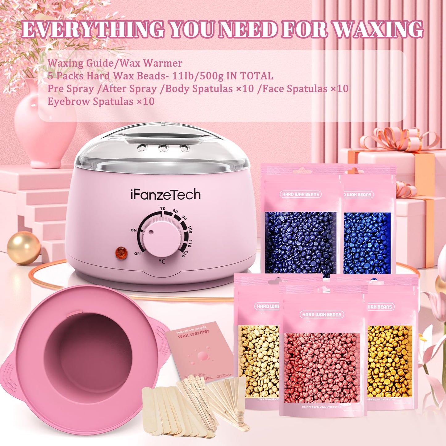 iFanzeTech Wax Machine Waxing Set for Women: Wax Hair Removal - Wax Warmer Waxing Kit for hair removal with 5 packs of Waxing Beads, Wax Machine Hot Waxing Kit Set for Home Salon