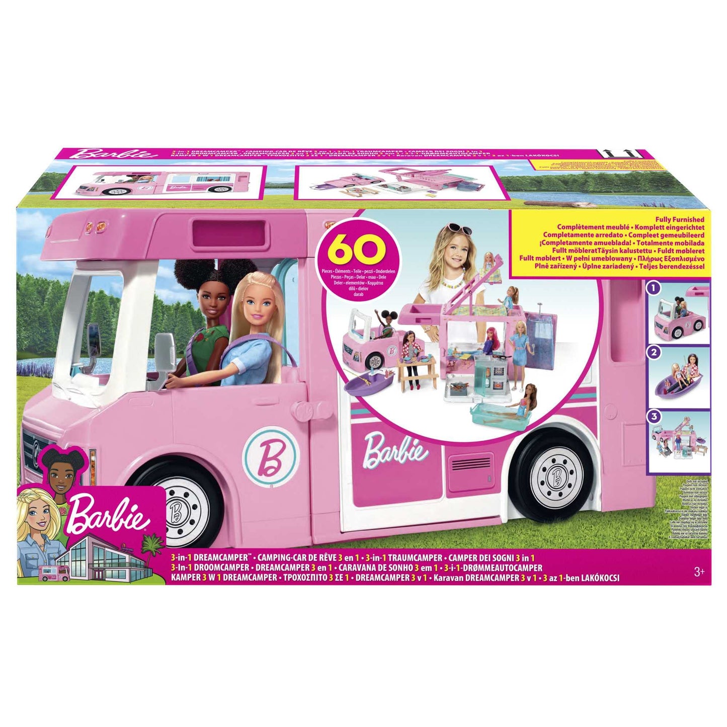Barbie 3-in-1 Super Adventure Camper with accessories, pool, convertible truck, boat, 60 camping accessories, doll, suitable as a gift for children 3 years and older, GHL93.