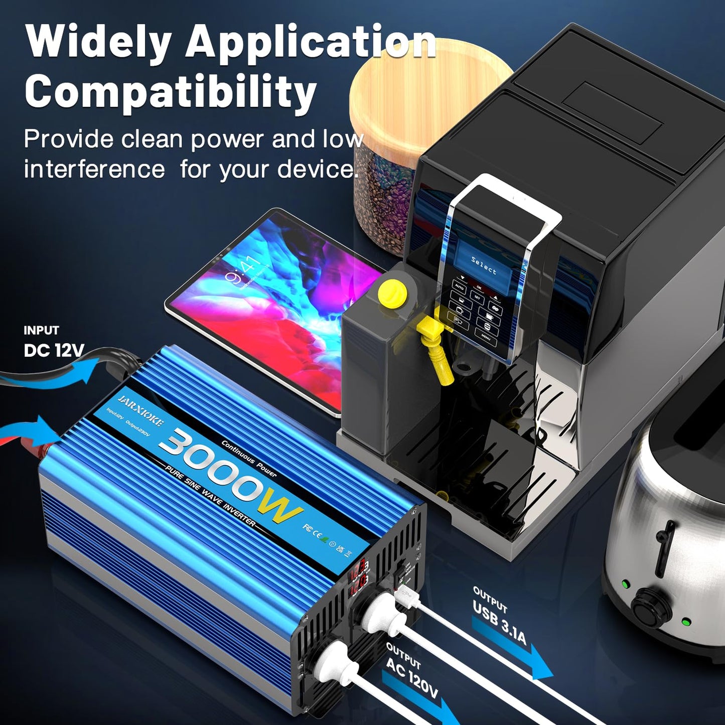 12V to 230V inverter 3000W/6000W Pure Sine Wave Power Converter with remote control, LED display, EU AC outlets, USB port. Perfect for car, camper, boat, camping, power outage.