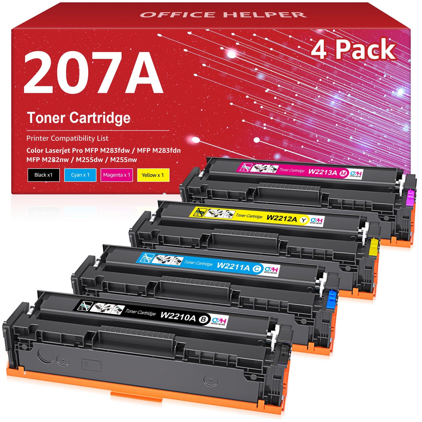 OFFICE HELPER 4-pack 207A (W2210A) toner compatible with HP Color Laserjet Pro MFP M283fdw, M283fdn, M255dw, M255nw, M282nw, W2210X (no chip)