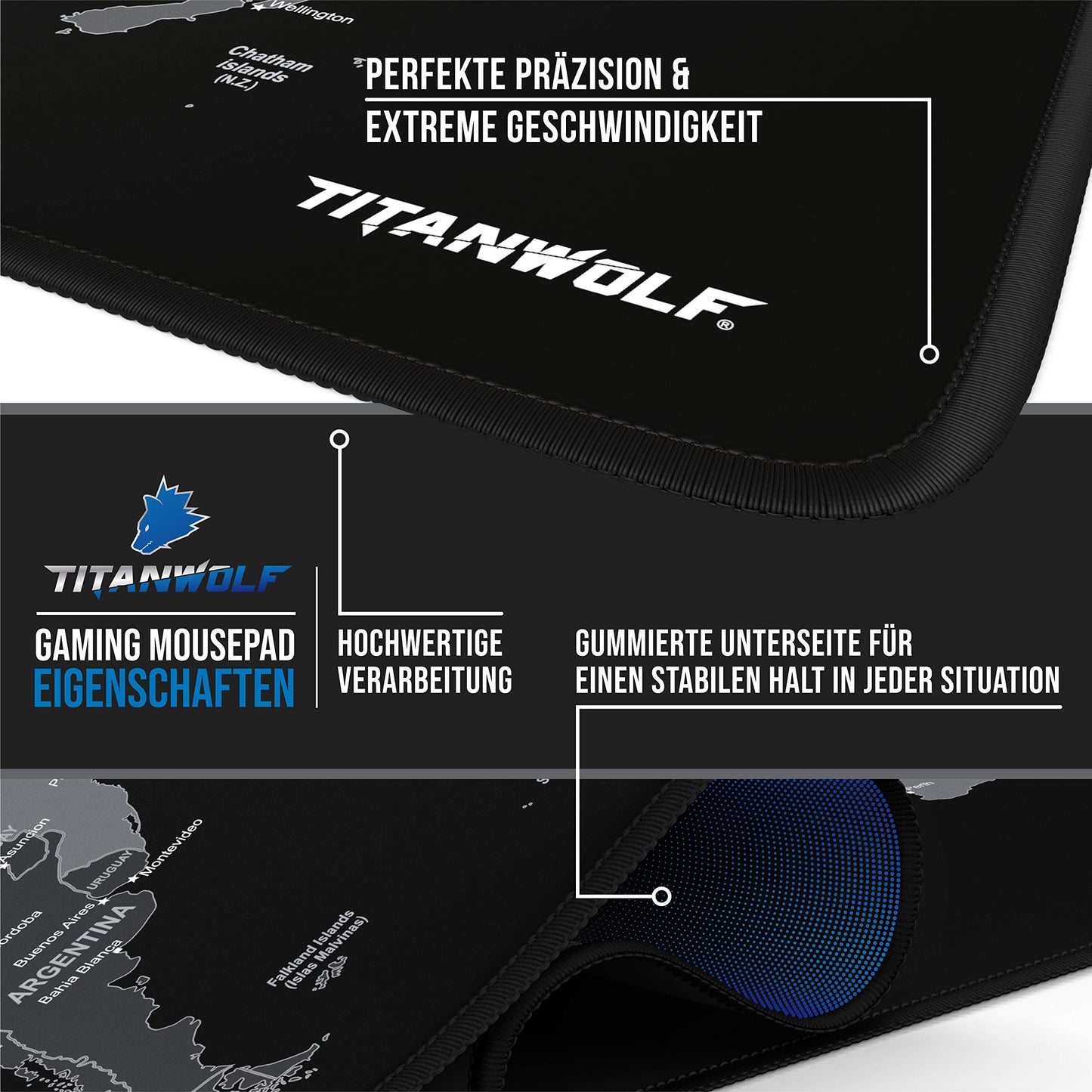 TITANWOLF - XXL Mousepad Gaming Titanwolf 900x400 mm - Mousepad XXL Gaming Large - Desk Pad Large Size - enhances precision and speed - Design World Map Black