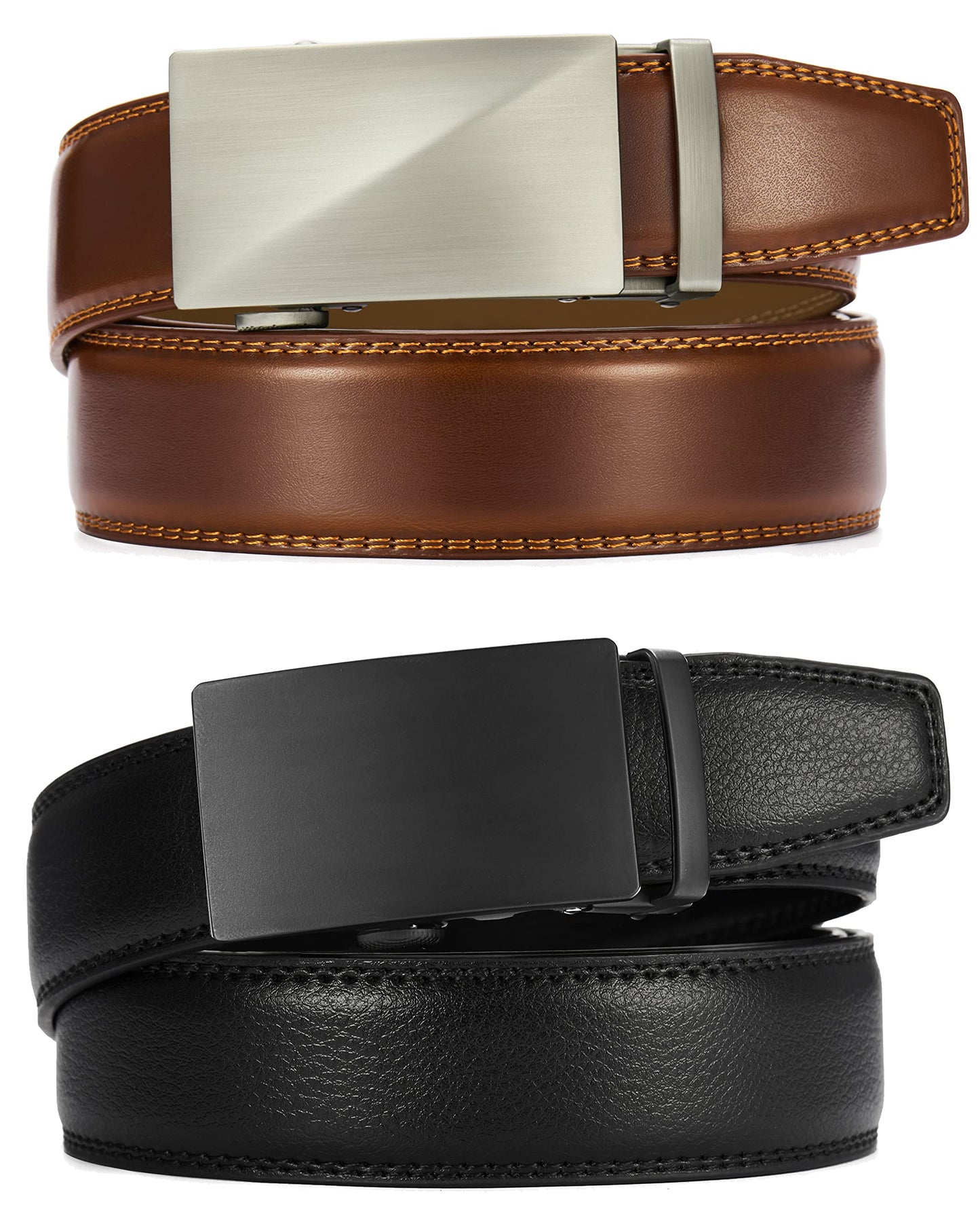 CHAOREN Automatic Belts for Men 2 Pieces, Ratchet Automatic Buckle Leather Belts for Men Adjustable 35mm Wide with Gift Box