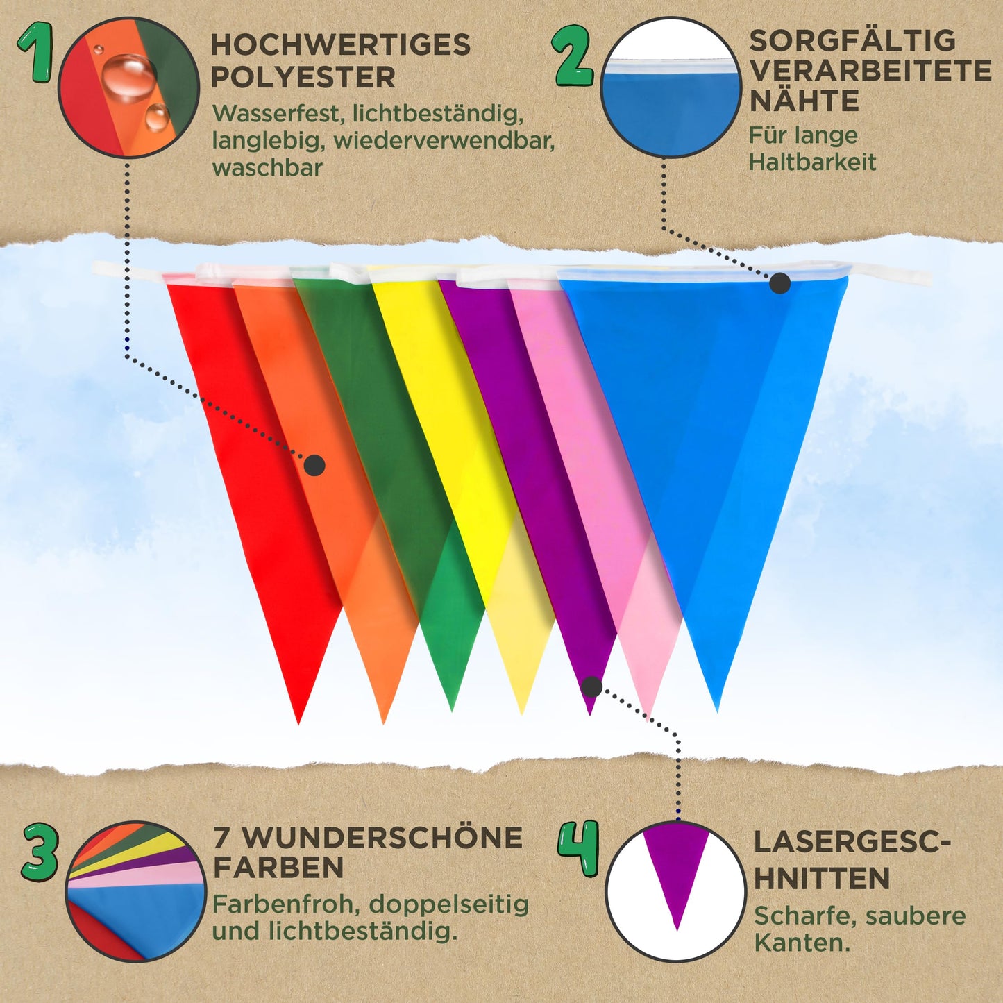 Premium Reusable Outdoor Weatherproof Bunting - Waterproof Fabric Garlands Outdoor Banner Party Decoration - Rainbow Bunting Birthday, Garden Party, Summer Party Decor (56m, 168 Large Flags)