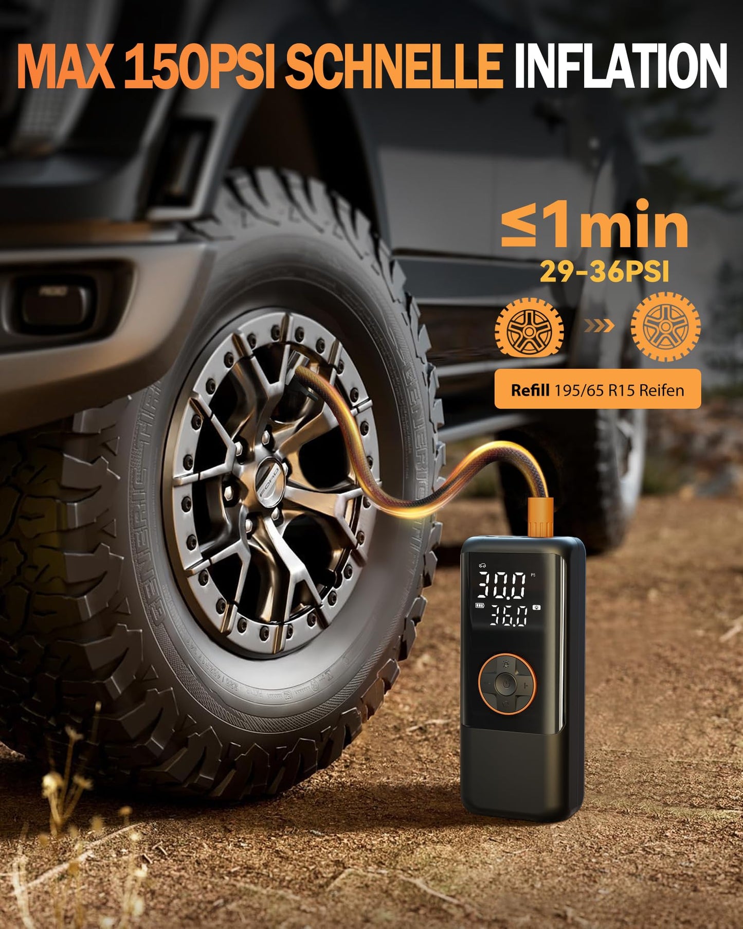 Electric air pump with battery, 150 PSI pump for bike, portable mini compressor with gauge & dual LED display, 12V DC electric tire pump for cars, motorcycles, bikes, and balls.
