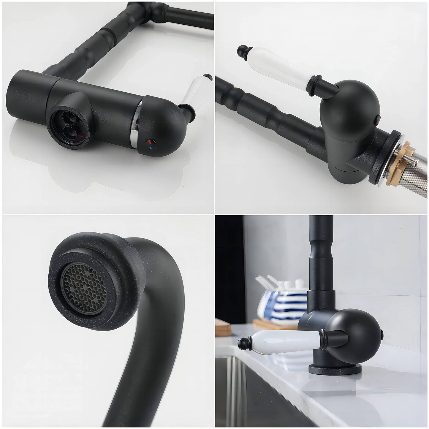 SJQKA Black Kitchen Faucet, Pre-Window Kitchen Tap Foldable 180°, Brass Single Lever Kitchen Mixer Tap 360° Rotatable (frosted/black)
