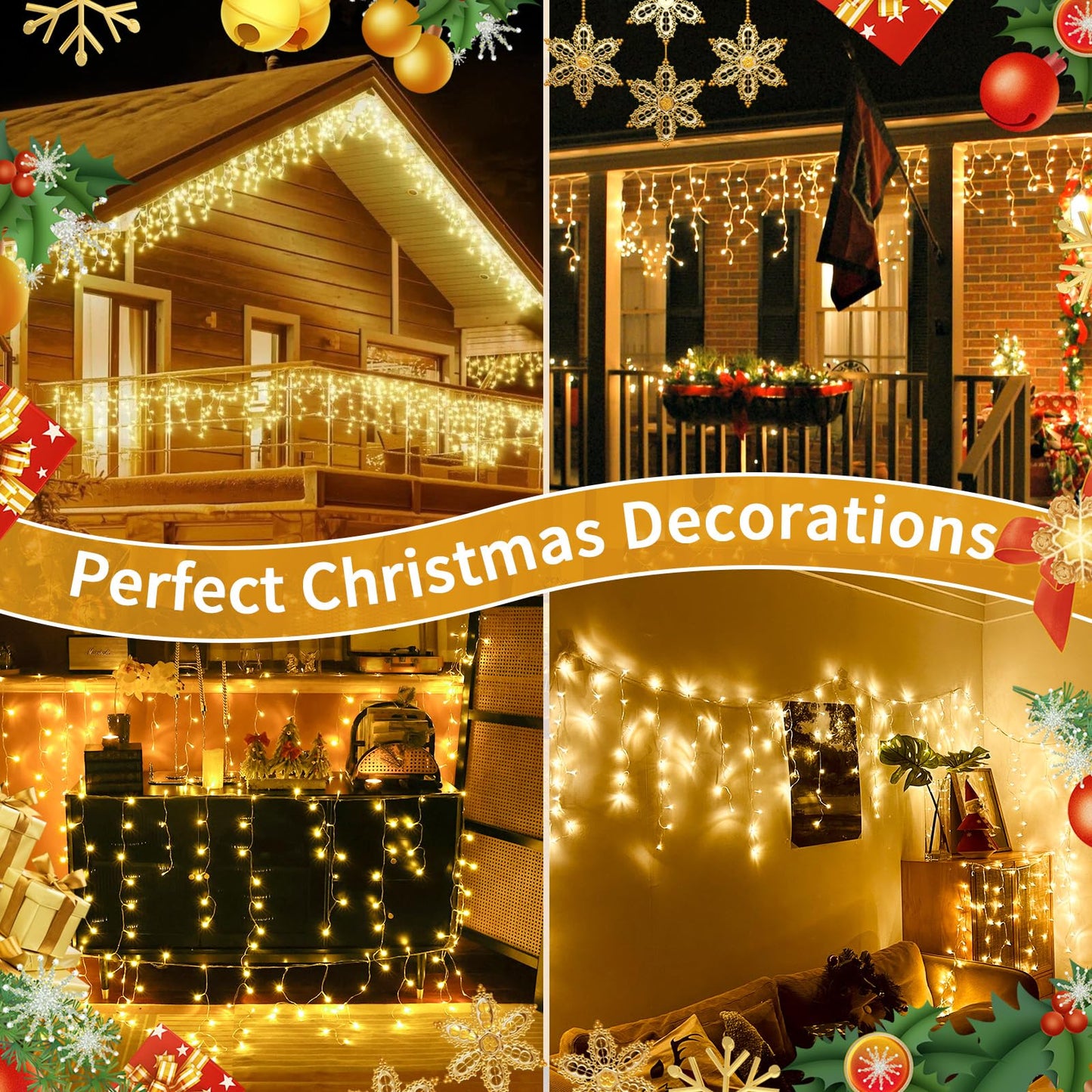 Auriostar Icicle Lights Outdoor 15M, 594 LEDs Christmas Lights Outdoor Warm White with Remote Control, Outdoor String Lights with Timer 8 Modes, Waterproof for Balcony Window House Christmas Decoration.