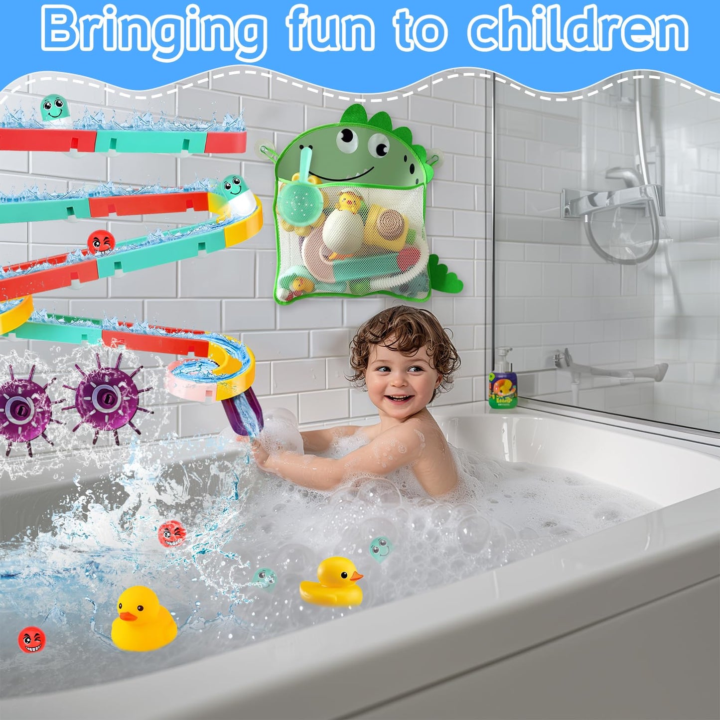 Bath toys, 44 pieces of bathtub toys for 3 4 5 6 years old, DIY marble run water toy for kids, bathtub toy with suction cups, gift for boys girls birthday.