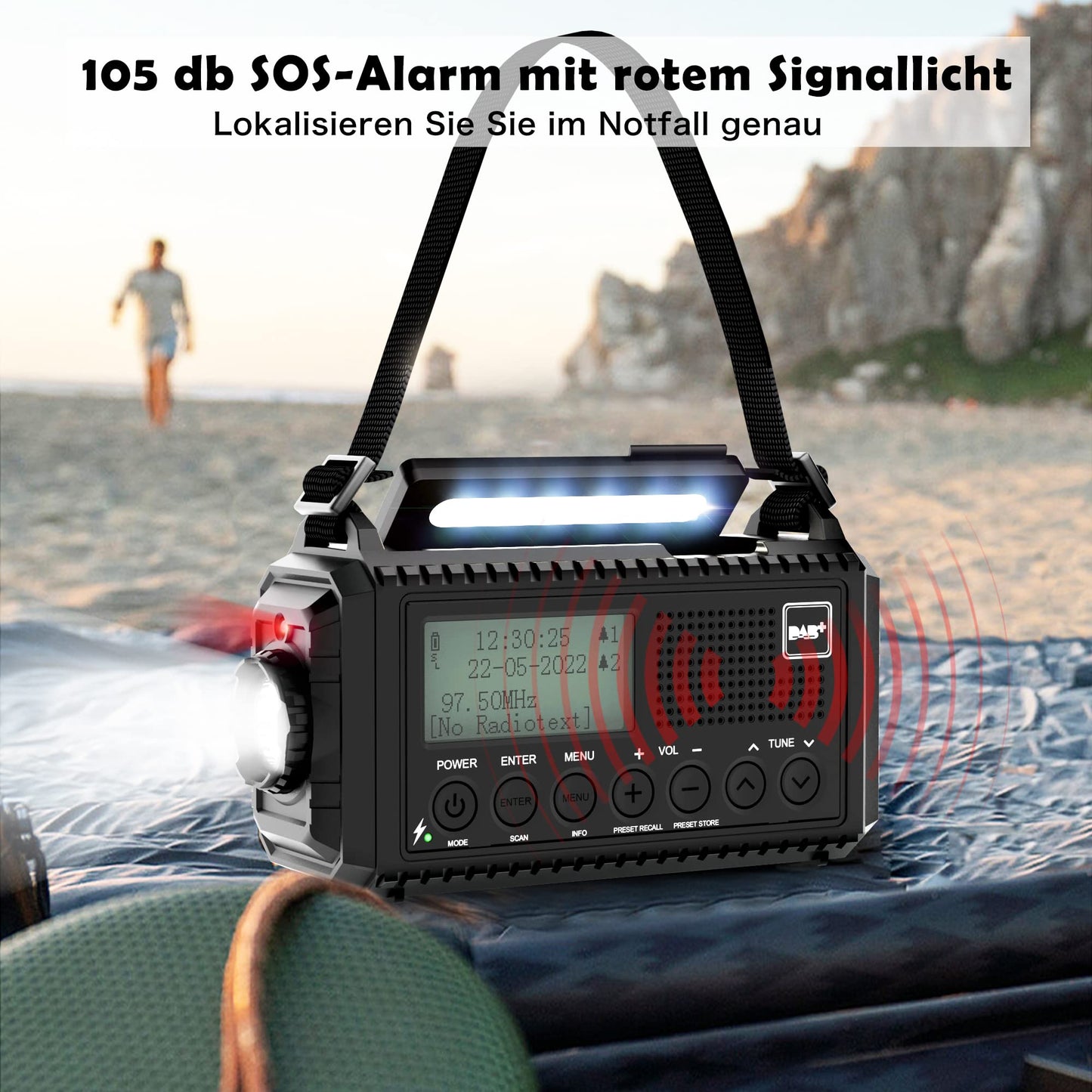 Crank radio DAB/FM, portable solar radio with LED flashlight & reading light, DAB+/FM dynamo radio IPX4, 5000mAh rechargeable emergency radio and SOS alarm. Suitable for hiking, camping, outdoor activities.