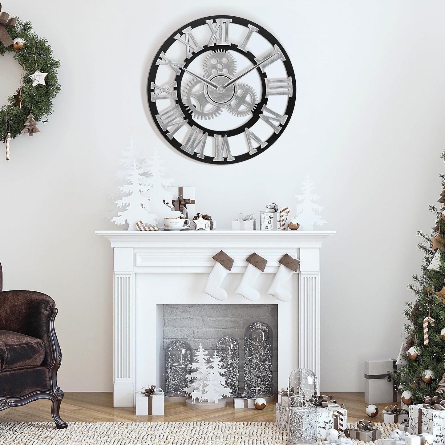 Lafocuse wooden wall clock large industrial silver, silent vintage wall clock 60cm XXL, gear roman numerals steampunk large for living room kitchen.
