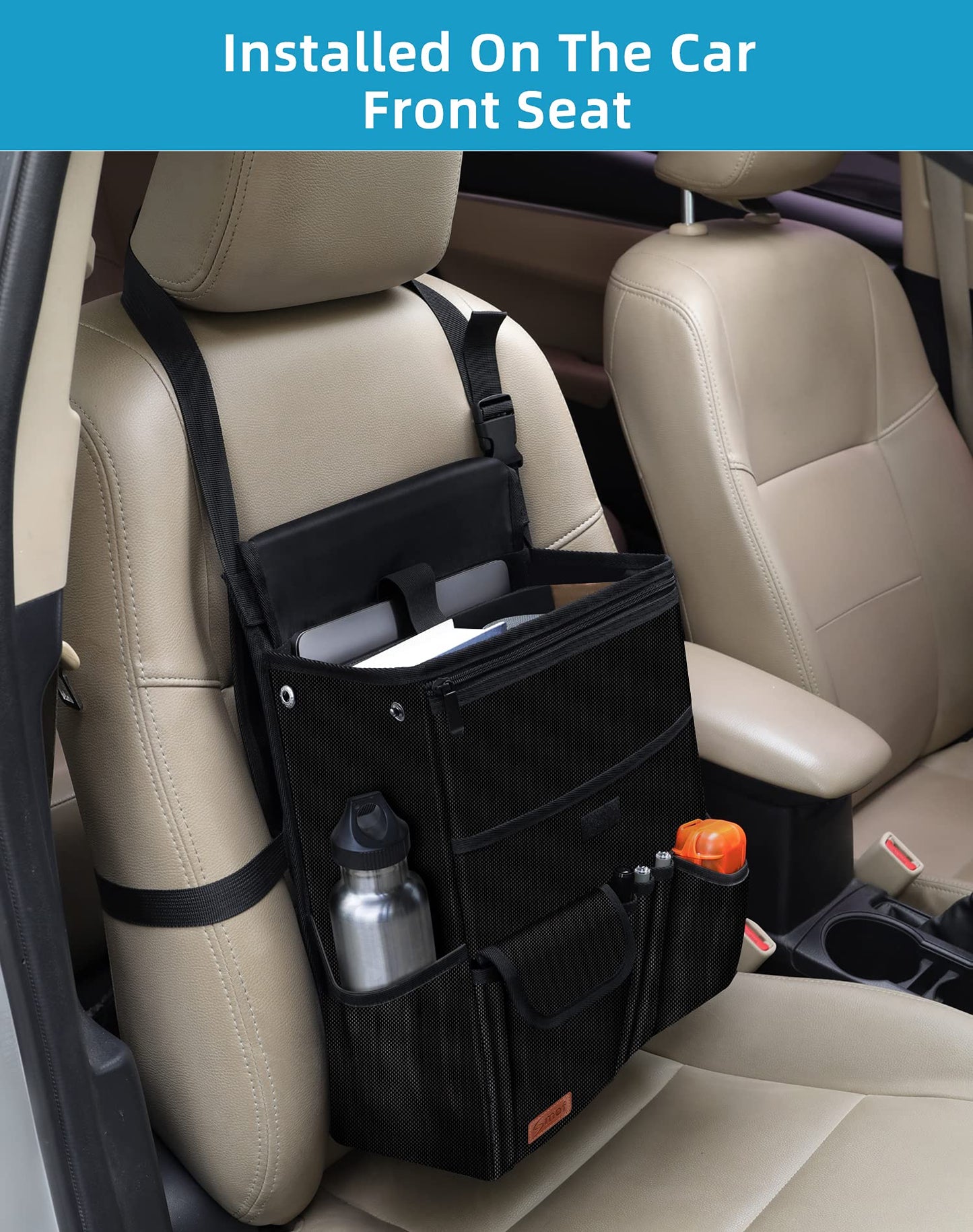 Smof Car Organizer for Front Seat/Passenger Seat, Backseat Hanging Car Seat Organizer for Files, Office Supplies, Backseat Organizer for Kids with Separate Laptop Pocket (Black)