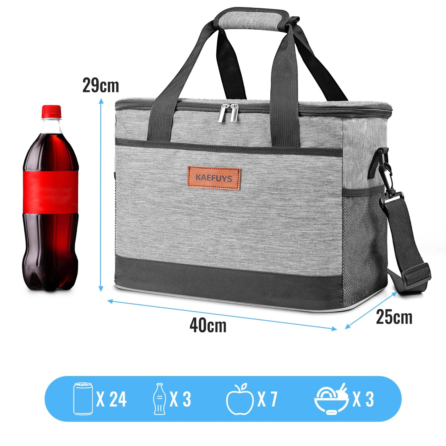 KAEFUYS Cooler Bag Foldable 33L+12h Cooling Large Insulated Lunch Box Shopping Basket Waterproof Stain-Resistant for Family Office Car Camping Picnic BBQ Travel Shopping