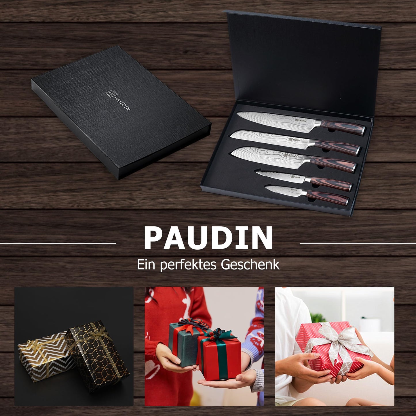 PAUDIN Kitchen Knife Set, 5-piece kitchen knife set made of high-quality carbon stainless steel, ultra-sharp knife set with chef's knife, cleaver, and utility knife.
