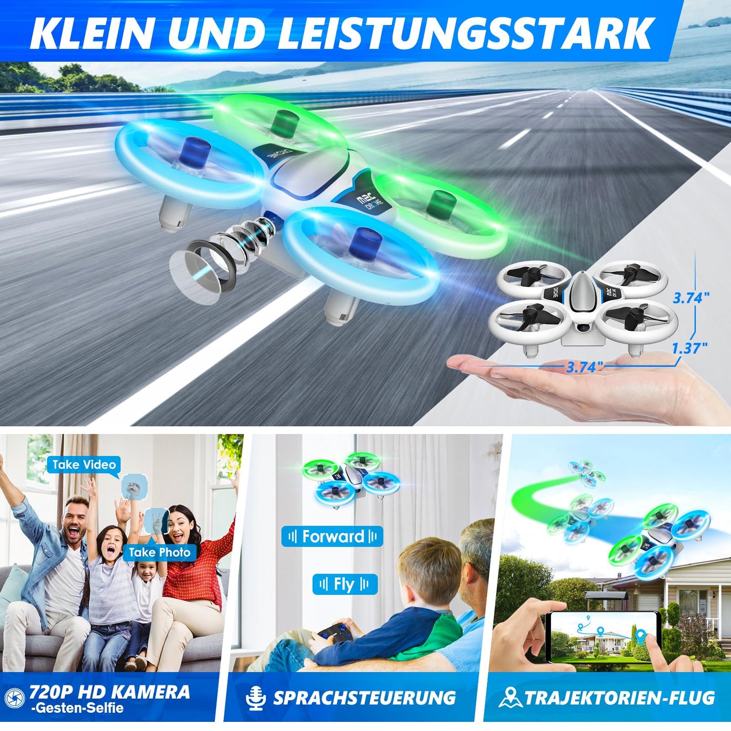 Mini drone with HD 720P camera for kids, RC drone with LED lights, quadcopter with 3D flips, headless mode and 3 batteries, 21 mins long flight time, toy drone helicopter for kids and beginners.