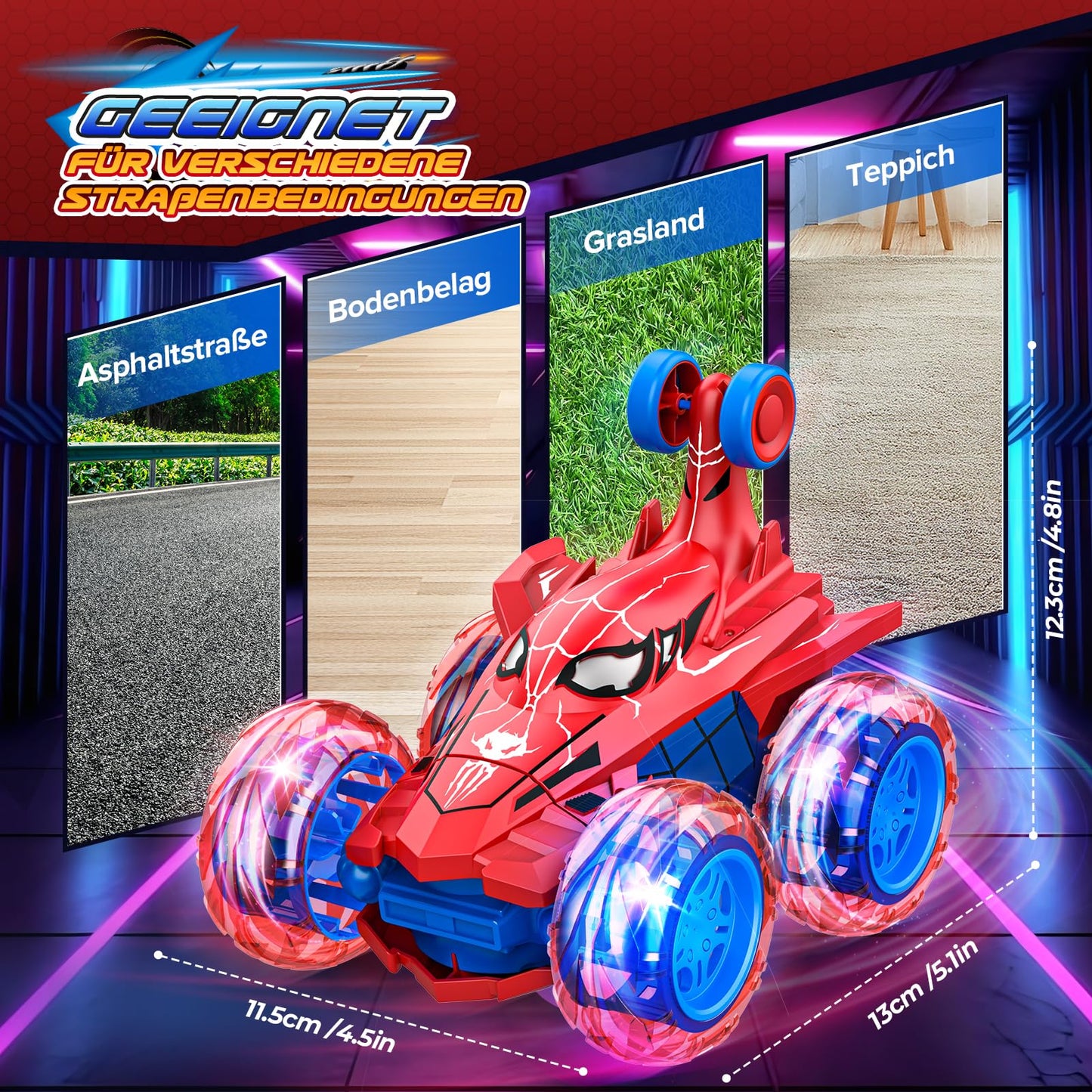 Dreamlandia Remote Control Car for 3 4 5 6 7 8 years old - 2.4GHz RC Car with 360° Flip & LED Light, Toy for 3 years old and up, Rechargeable via Direct Charging, Offroad Monster Truck Gift for Boys Kids