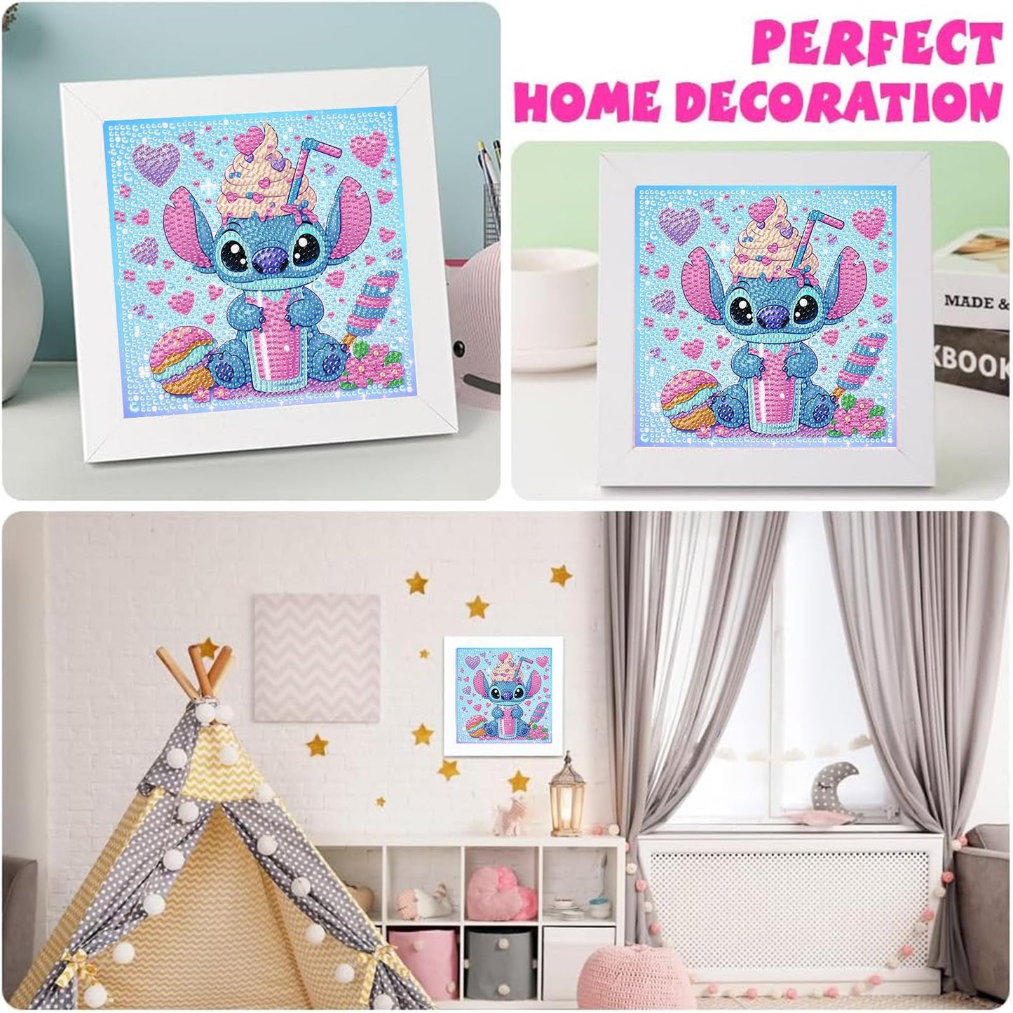 ZephyrHome 5D Diamond Painting Kit for Kids with frame, DIY Stitch Diamond Painting Set, Paint By Numbers Diamond Painting for Adults, Arts and Crafts Pictures for Home Wall Decor Cartoon Mosaic Making