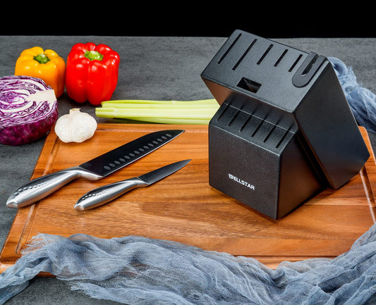 Knife block without knives, WELLSTAR Natural Wood Kitchen Knife Block without Knives – Hardwood Countertop Knife Storage with Built-In Knife Sharpener - Black