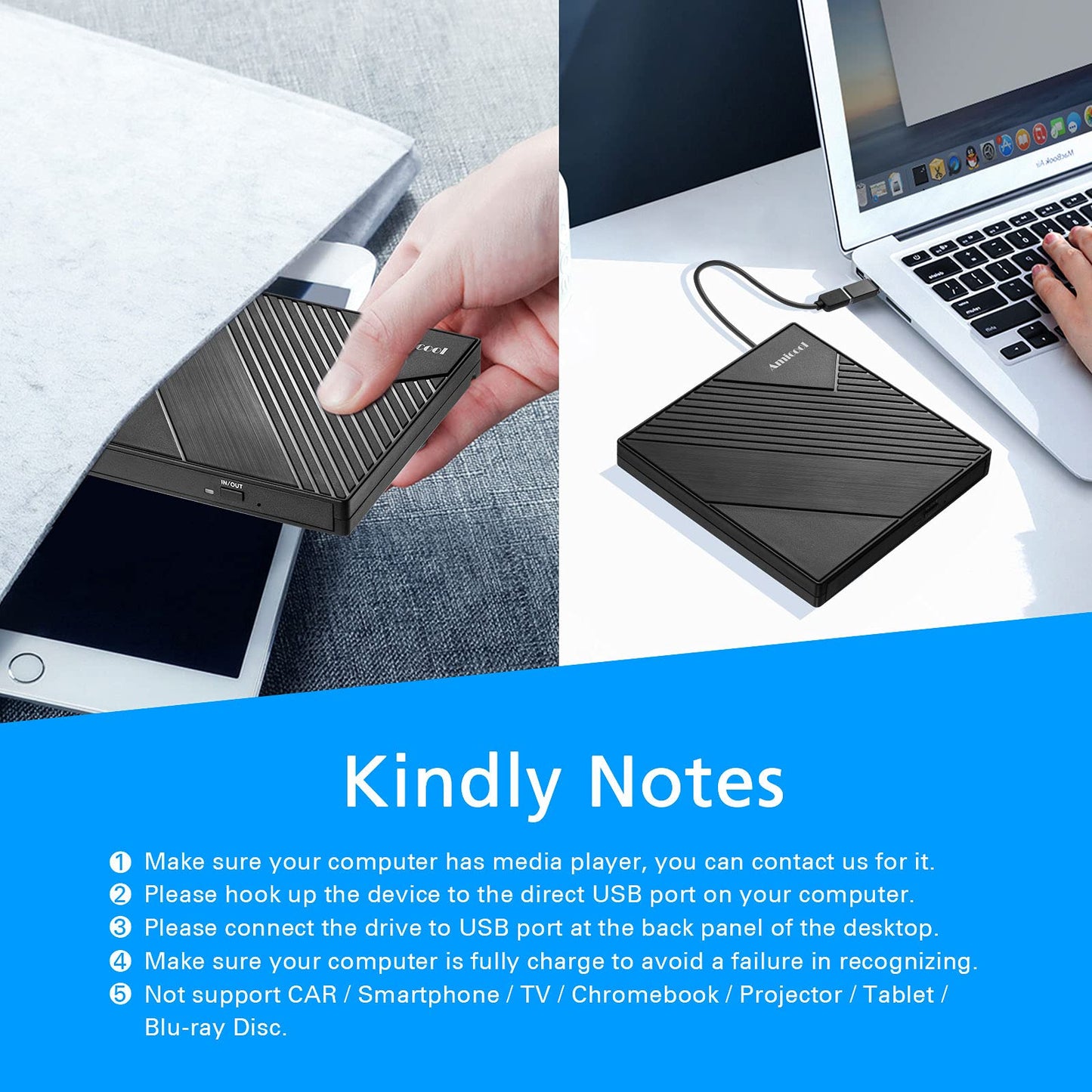 Amicool External DVD Drive External USB 3.0 USB C CD Drive for Laptop Desktop PC MacBook External DVD Burner Windows 7/8.1/10/11 Linux Mac OS CD/DVD Player Portable +/-RW ROM Optical Drive