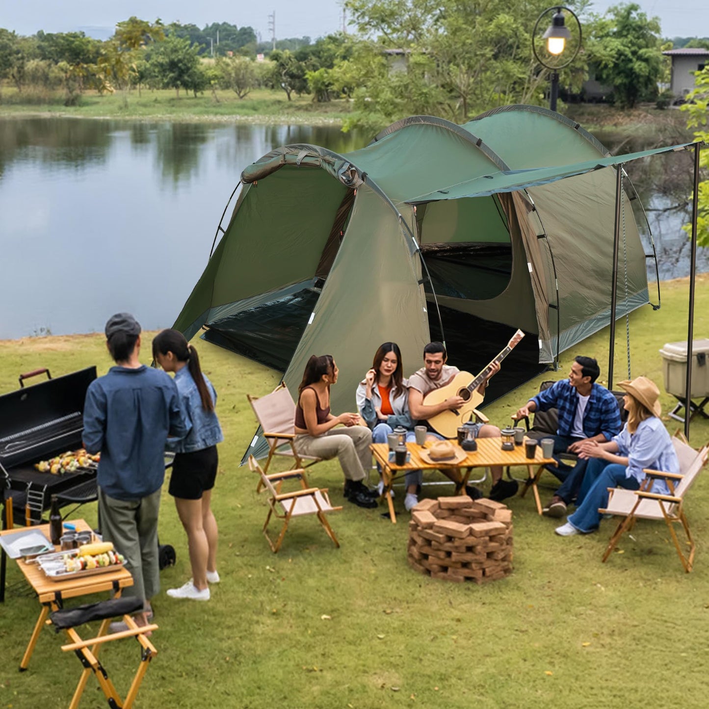 Camping tent for 4 people, 5000mm waterproof tunnel tent. Family tent, group tent, vestibule, sun shade, tipi tent. Large camping tent with sleeping cabin, glamping tent with removable tent floor.
