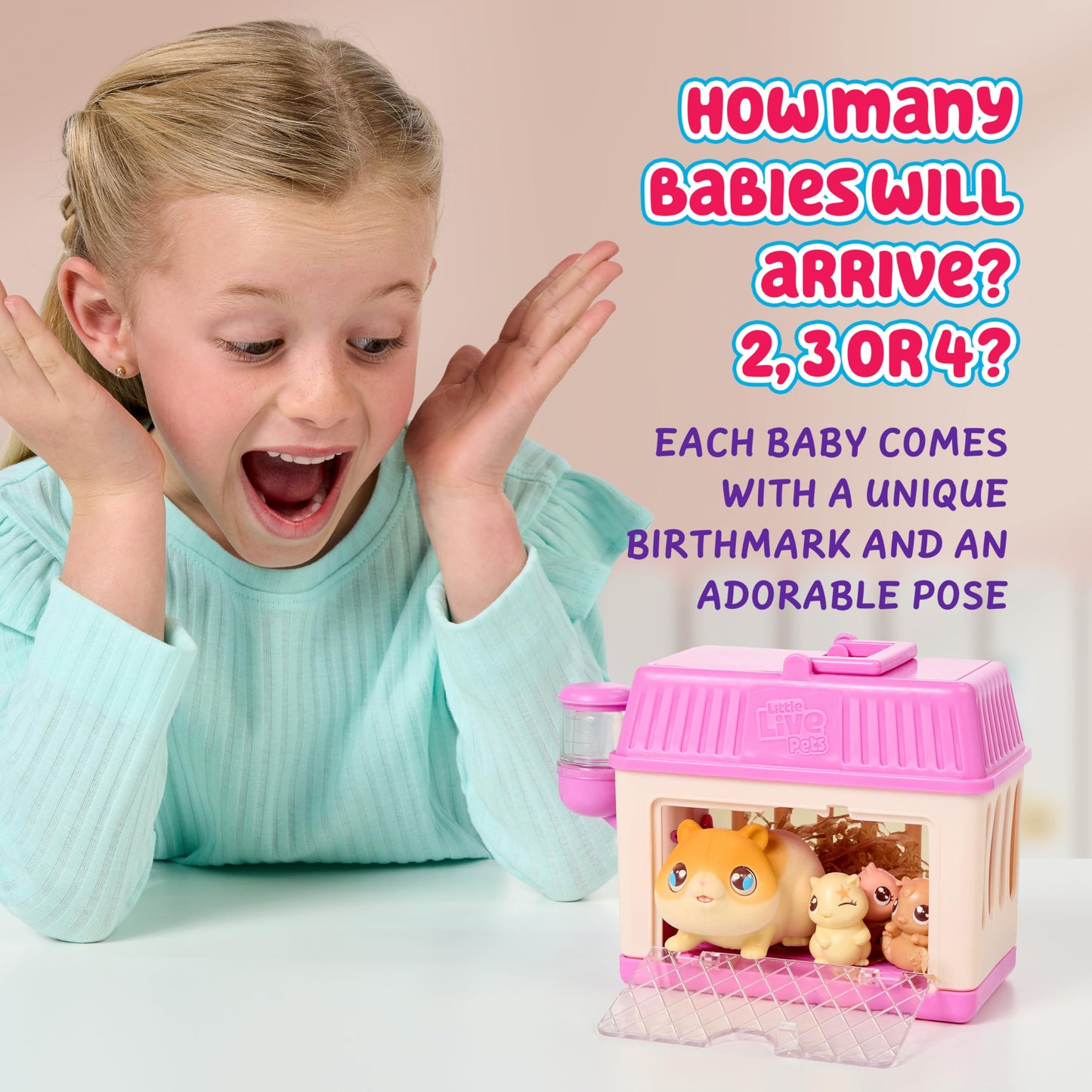 Little Live Pets - Mama Surprise Minis Hamster, Take care of your hamster or bunny mom in her cage and welcome 2, 3, or 4 mini babies.