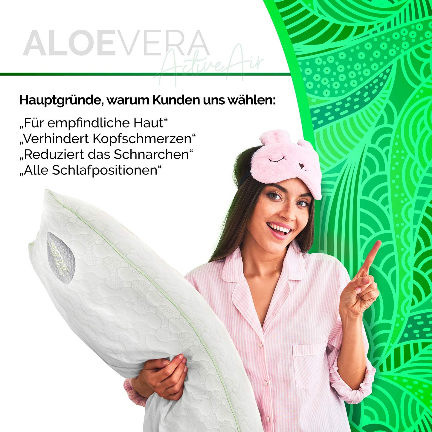 Pillow 40 x 80 Aloe Vera - Cool in summer, warm in winter - No.1. Side sleeper pillow with soothing effect - Very breathable.