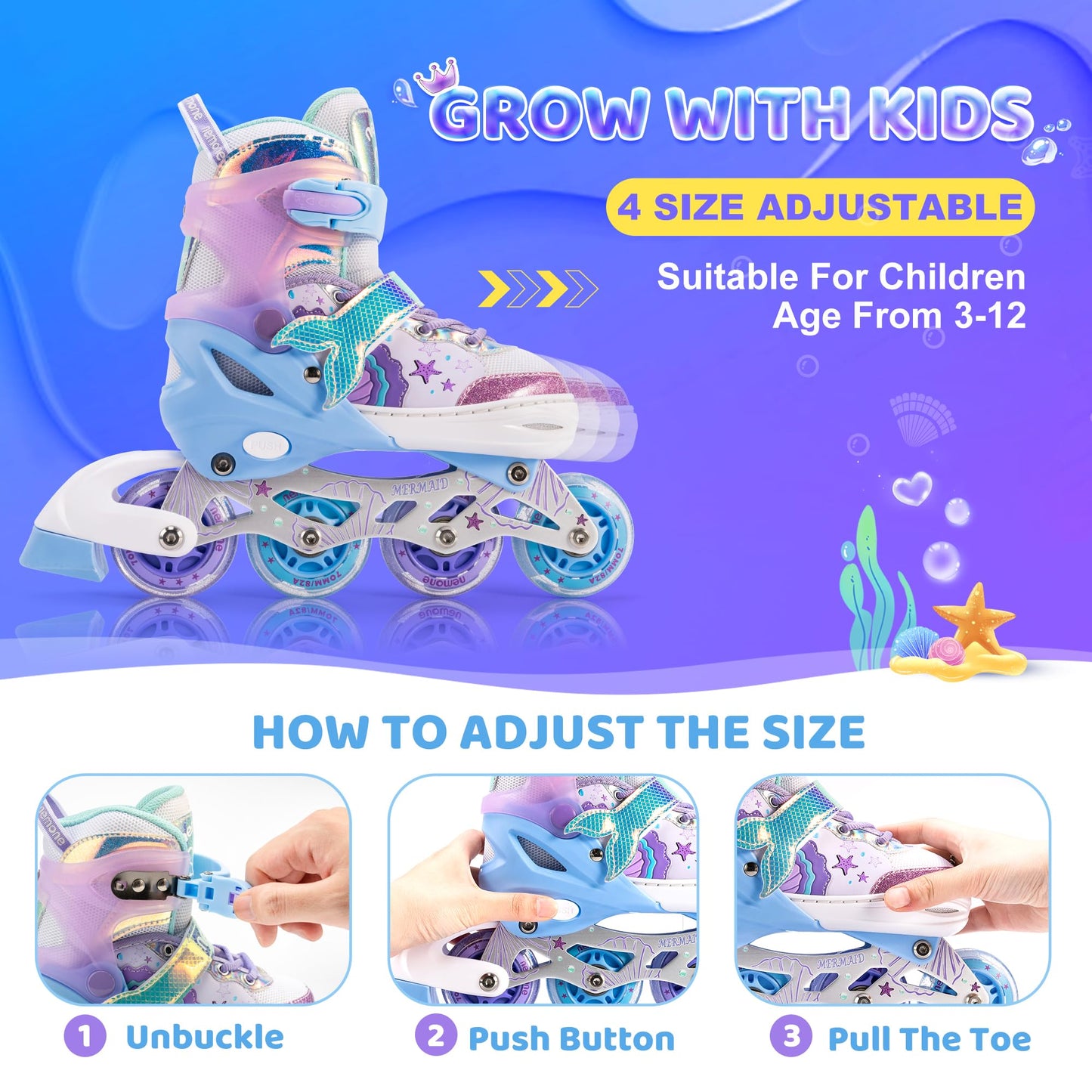 NEMONE inline skates for girls, adjustable in 4 sizes, blue purple inline skates for kids indoor outdoor girls children